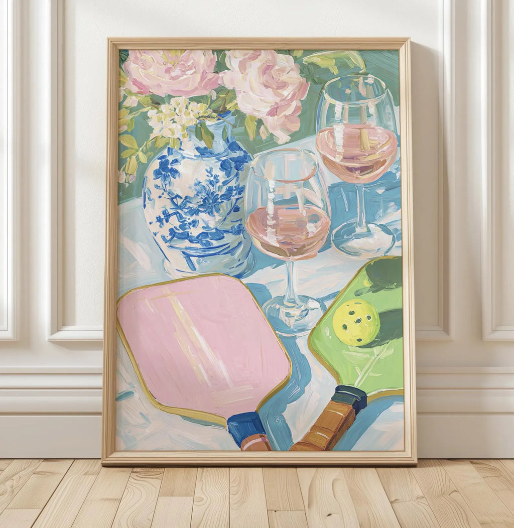 Elegant Pickleball & Rose Art Print: Palm Beach Chinoiserie Decor for Preppy Bar or Lounge