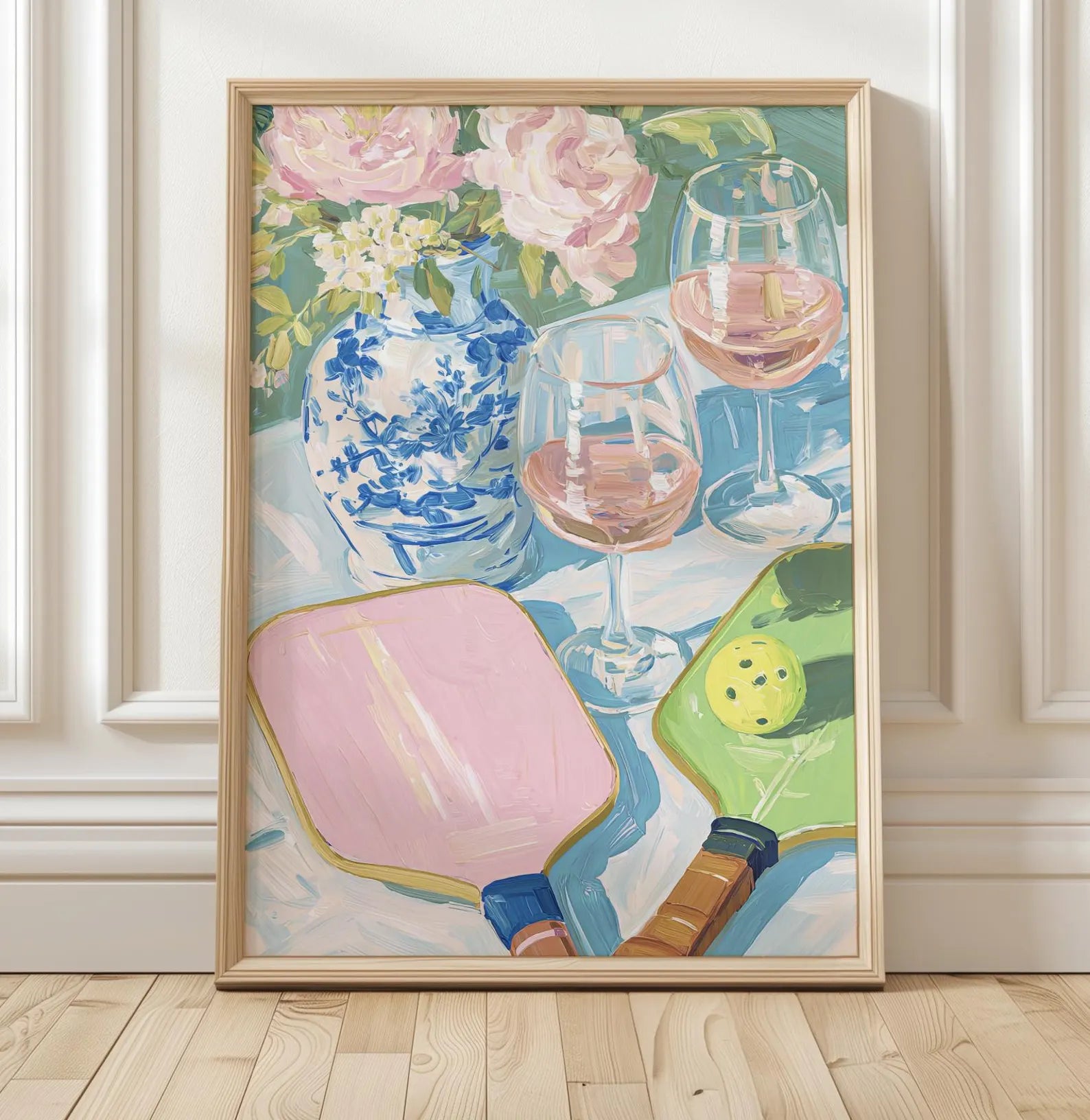 Elegant Pickleball & Rose Art Print: Palm Beach Chinoiserie Decor for Preppy Bar or Lounge