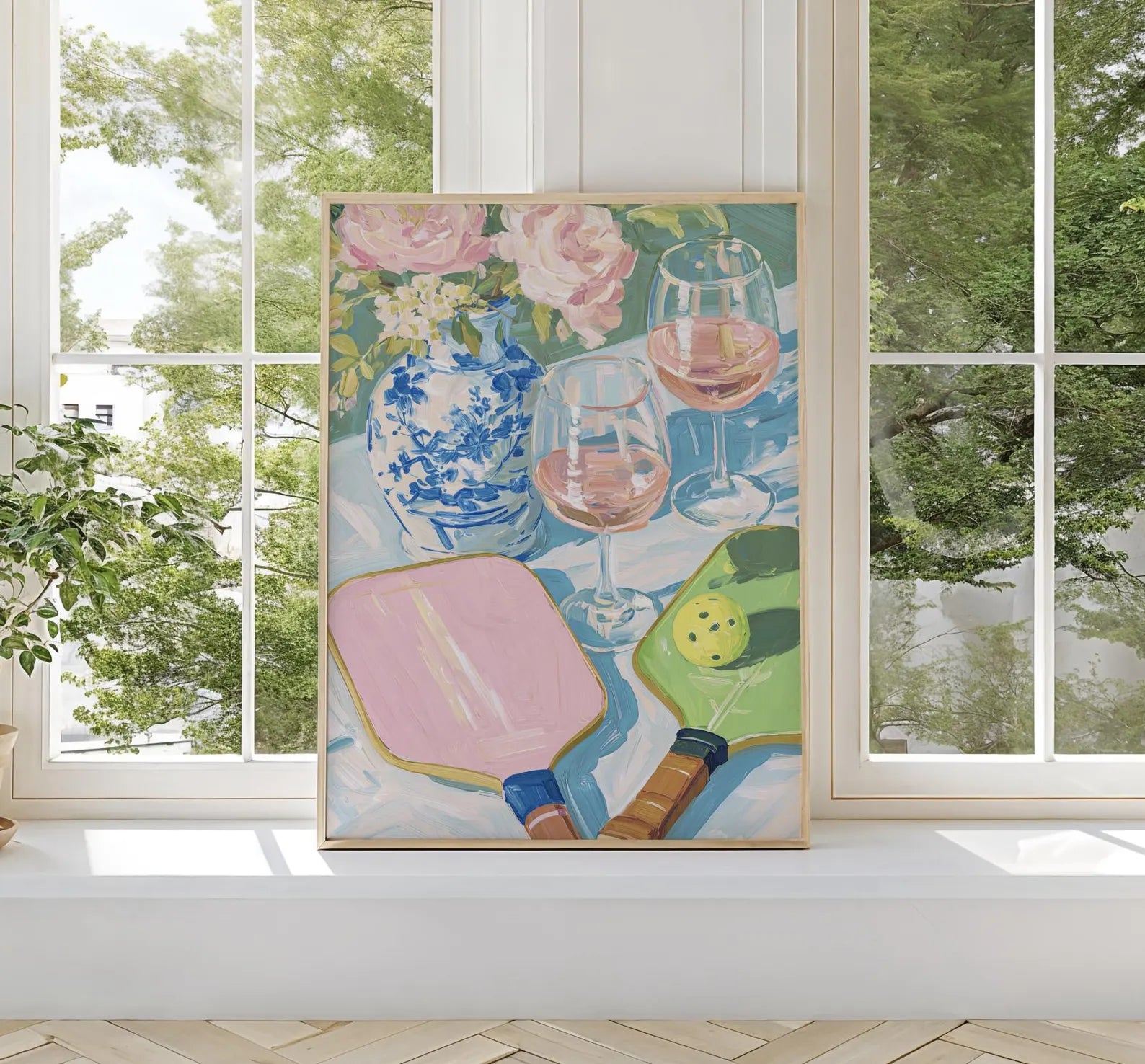Elegant Pickleball & Rose Art Print: Palm Beach Chinoiserie Decor for Preppy Bar or Lounge