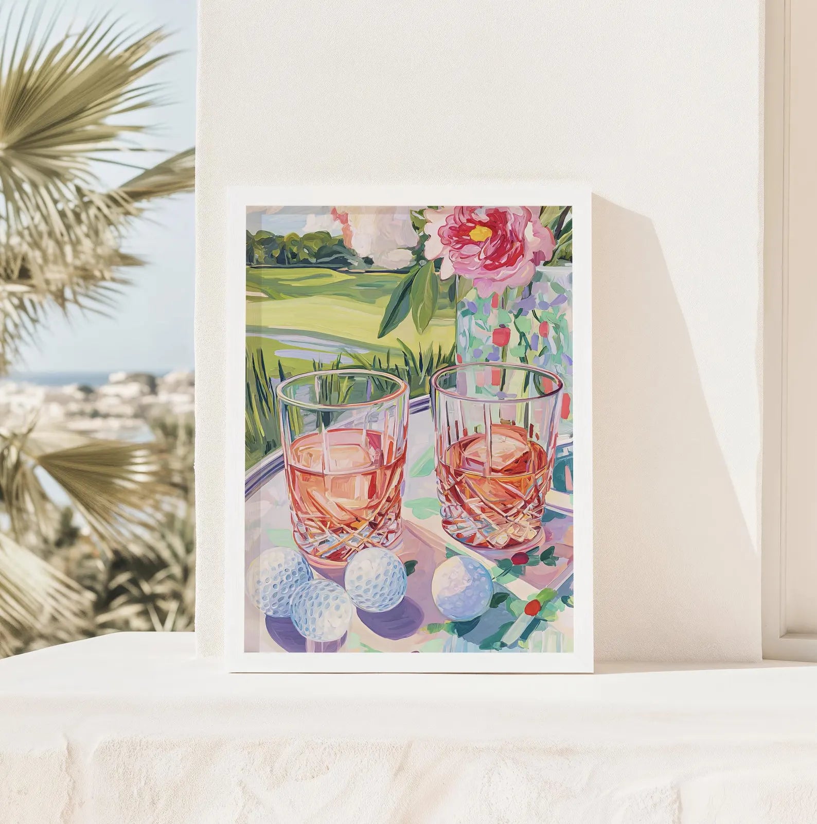 Elegant Cocktail Wine and Golf Art Print: Palm Beach Style Wall Decor for Country Club Bar or Lounge