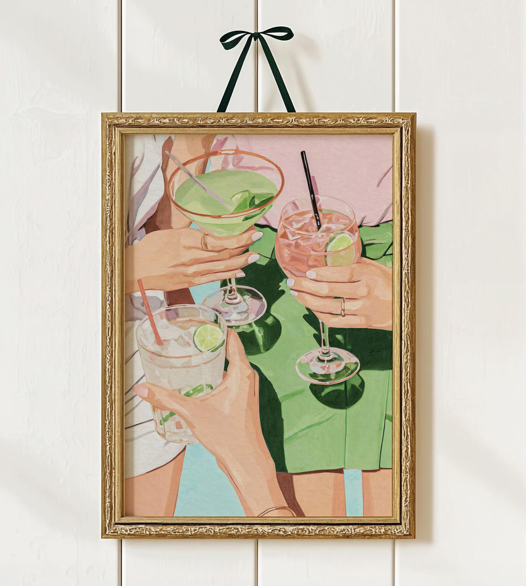 Chic Cocktail Girls Night Art Print: Preppy Palm Beach Inspired Bar Cart Wall Decor
