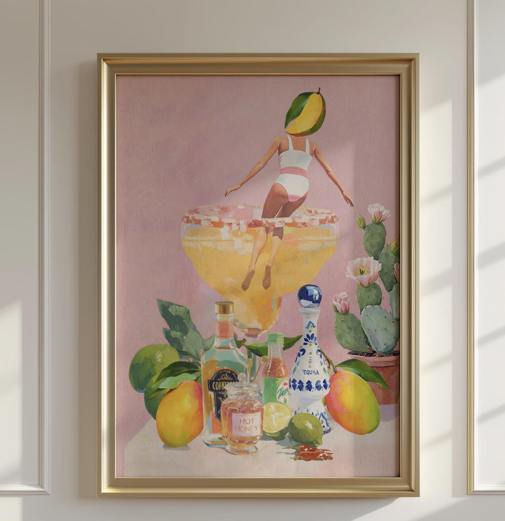 Spicy Mango Margarita Cocktail Poster: Tropical Bar Decor Art Print with Bold Beverage Illustration