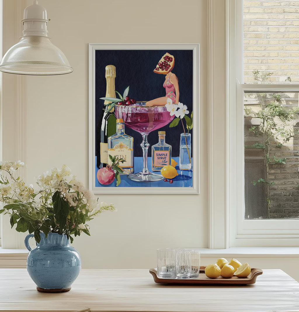 Pomegranate Cocktail Retro Bar Poster - Vintage French 75 Martini Wall Art for Home Kitchen Decor