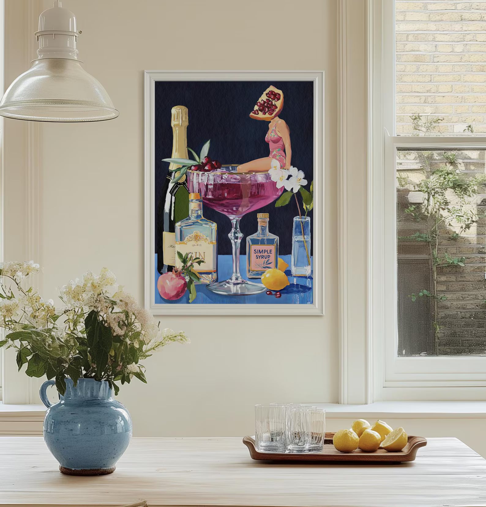 Pomegranate Cocktail Retro Bar Poster - Vintage French 75 Martini Wall Art for Home Kitchen Decor