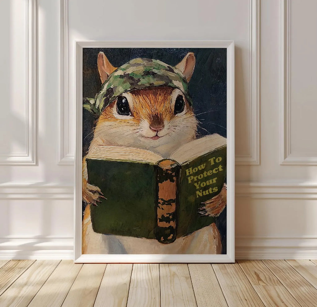 Humorous Squirrel Bathroom Poster: Protect Your Nuts - Whimsical Woodland Animal Wall Art Decor