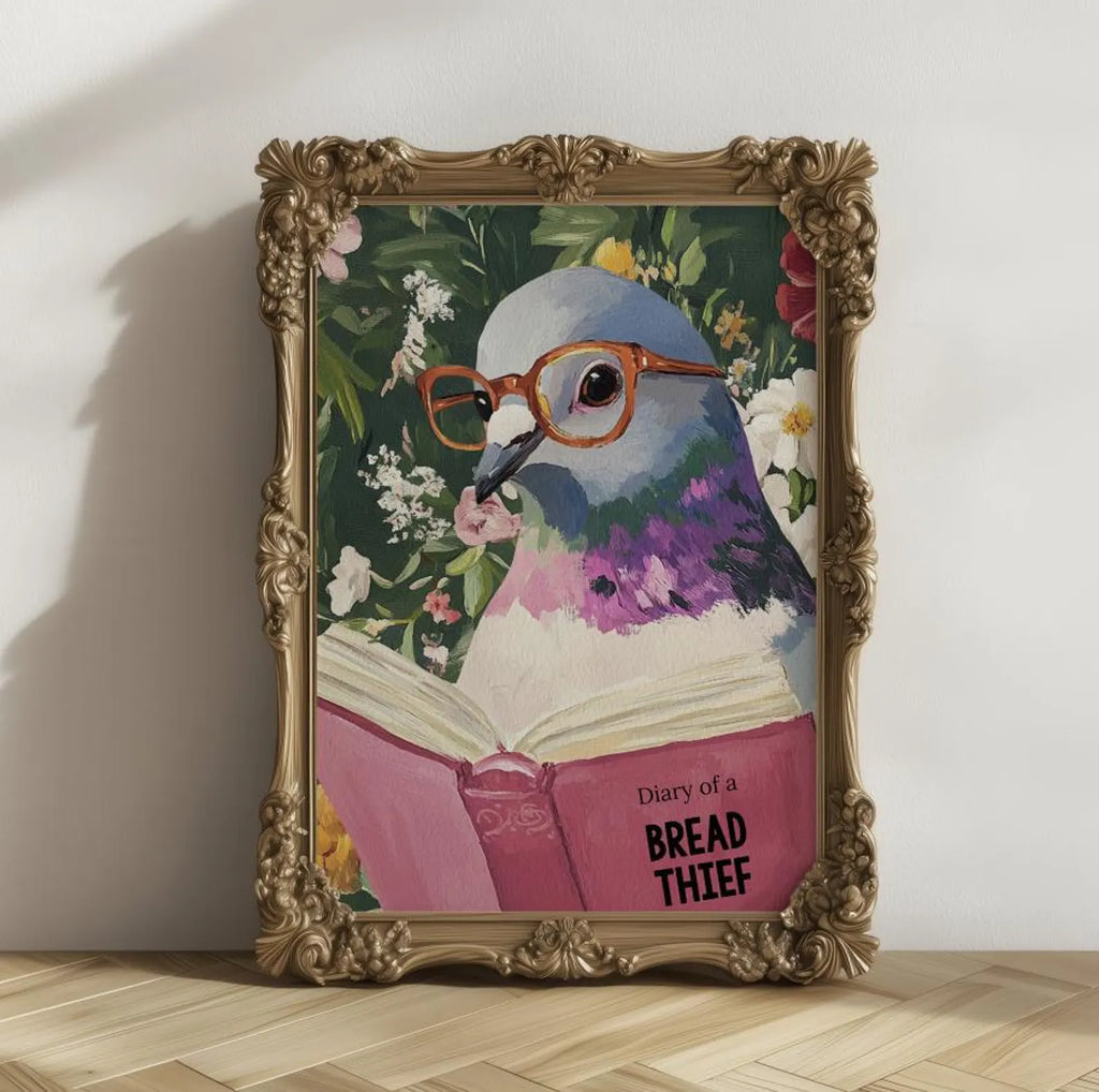 Quirky Pigeon Reading Art Print - Humorous Kitchen & Bathroom Decor, Trendy Animal Poster