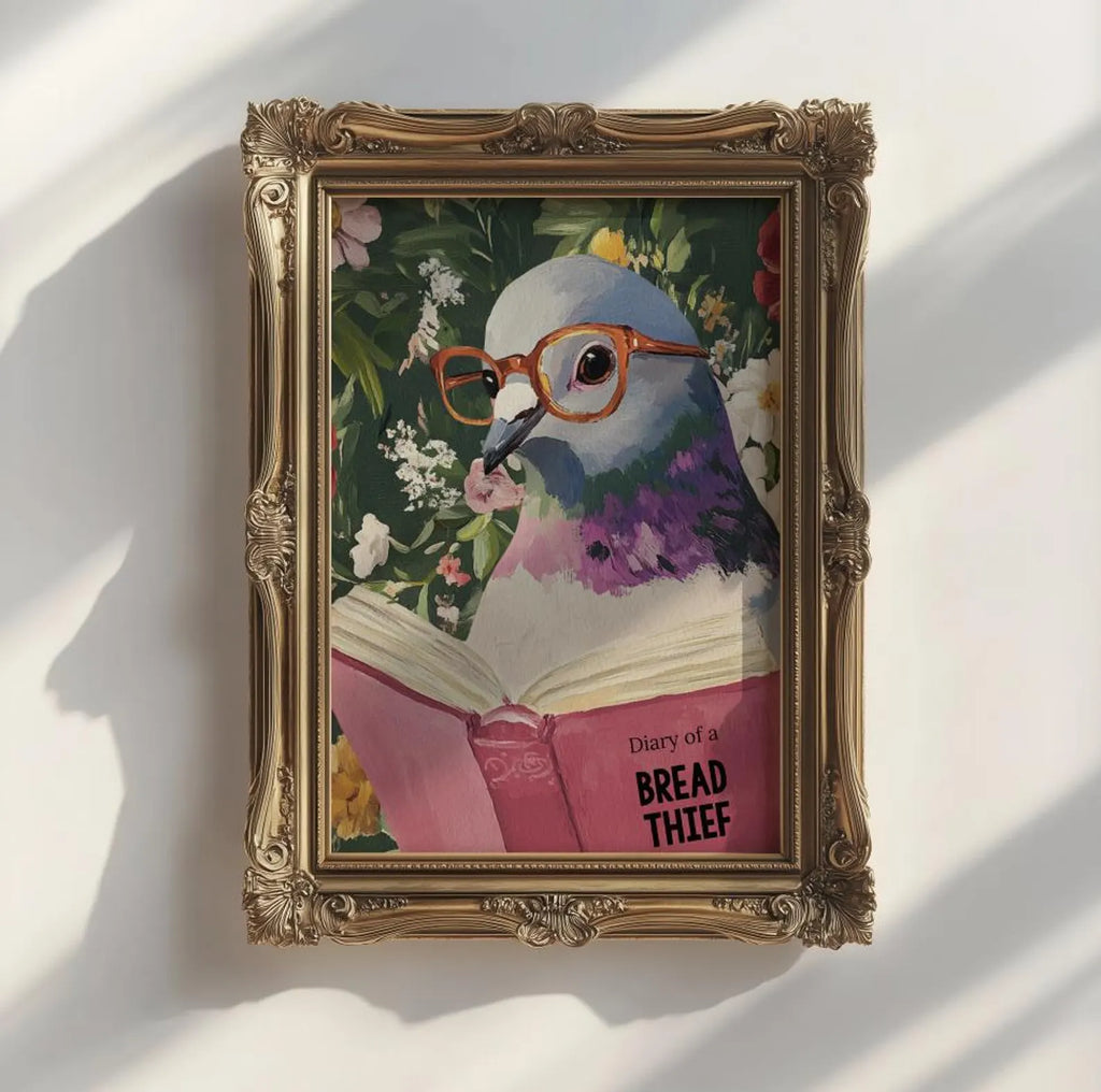 Quirky Pigeon Reading Art Print - Humorous Kitchen & Bathroom Decor, Trendy Animal Poster