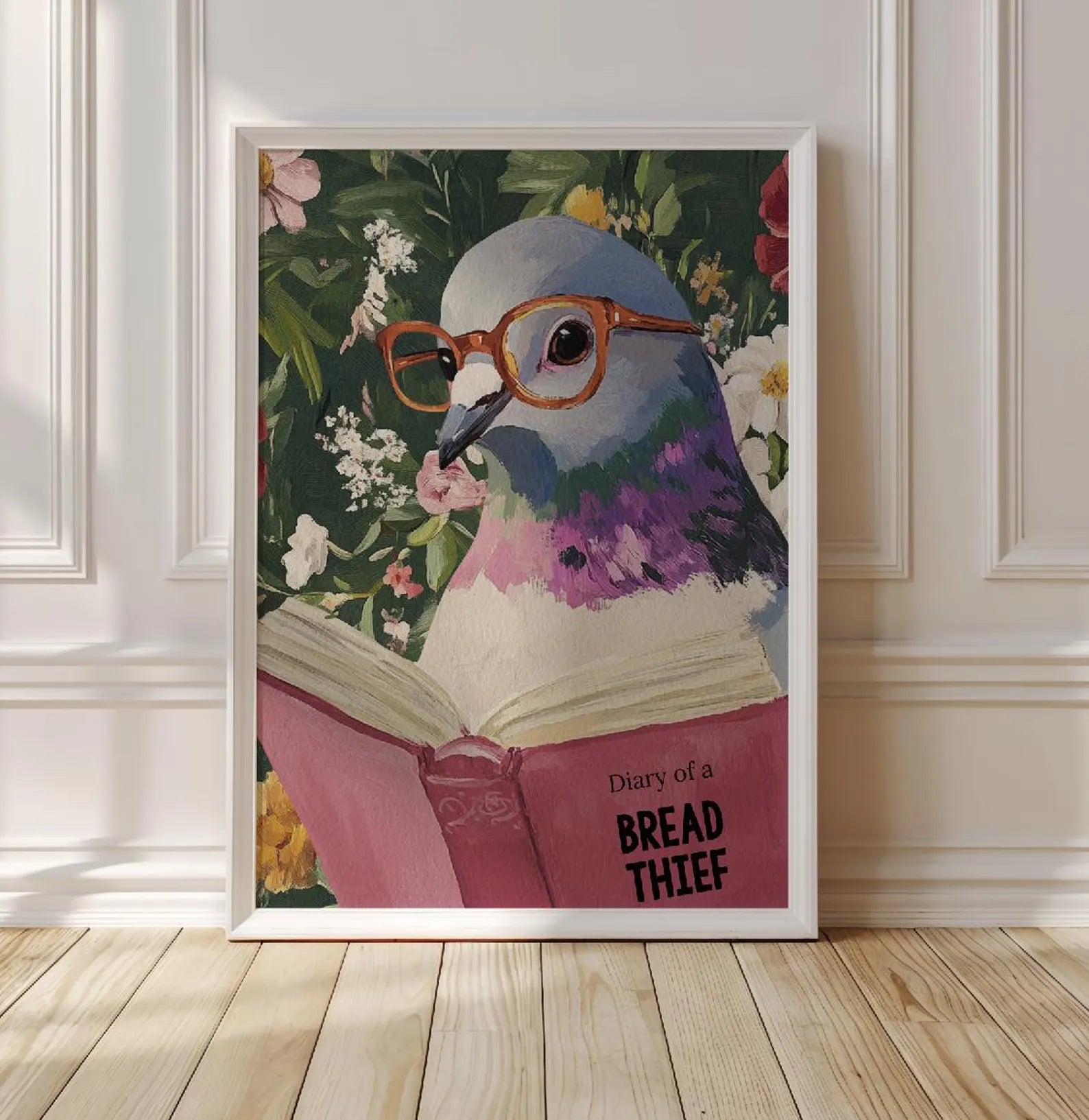 Quirky Pigeon Reading Art Print - Humorous Kitchen & Bathroom Decor, Trendy Animal Poster