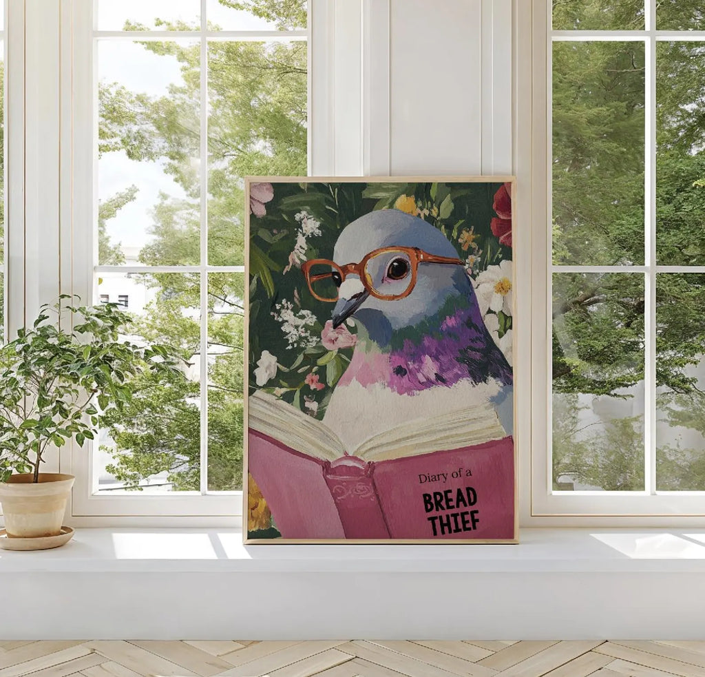 Quirky Pigeon Reading Art Print - Humorous Kitchen & Bathroom Decor, Trendy Animal Poster