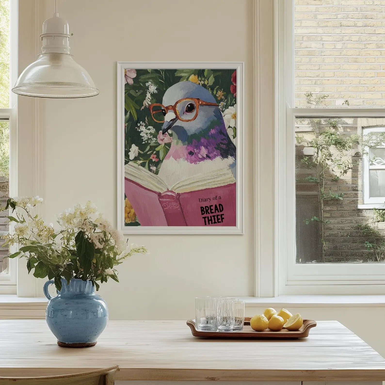 Quirky Pigeon Reading Art Print - Humorous Kitchen & Bathroom Decor, Trendy Animal Poster