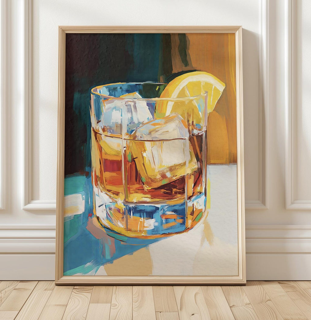 Bold Whiskey Lemon Cocktail Art Print: Modern Bar Decor, Aesthetic Kitchen Poster, Beverage Illustration