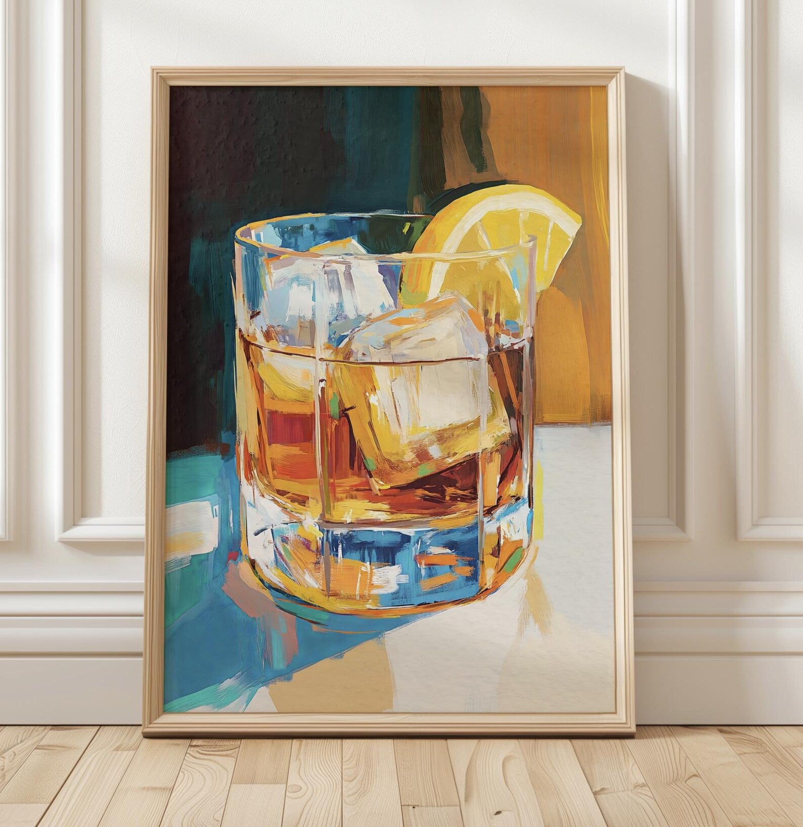 Bold Whiskey Lemon Cocktail Art Print: Modern Bar Decor, Aesthetic Kitchen Poster, Beverage Illustration