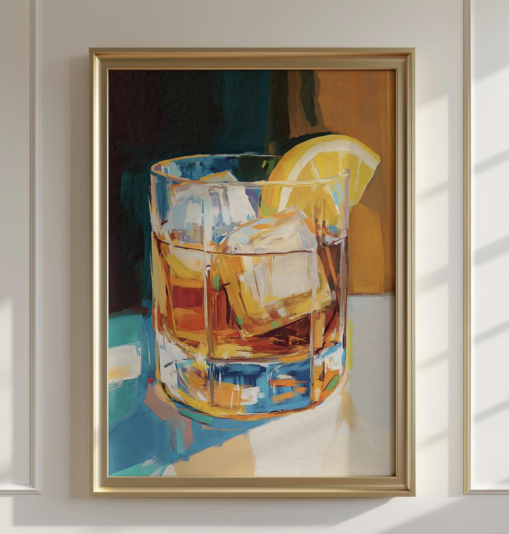 Bold Whiskey Lemon Cocktail Art Print: Modern Bar Decor, Aesthetic Kitchen Poster, Beverage Illustration