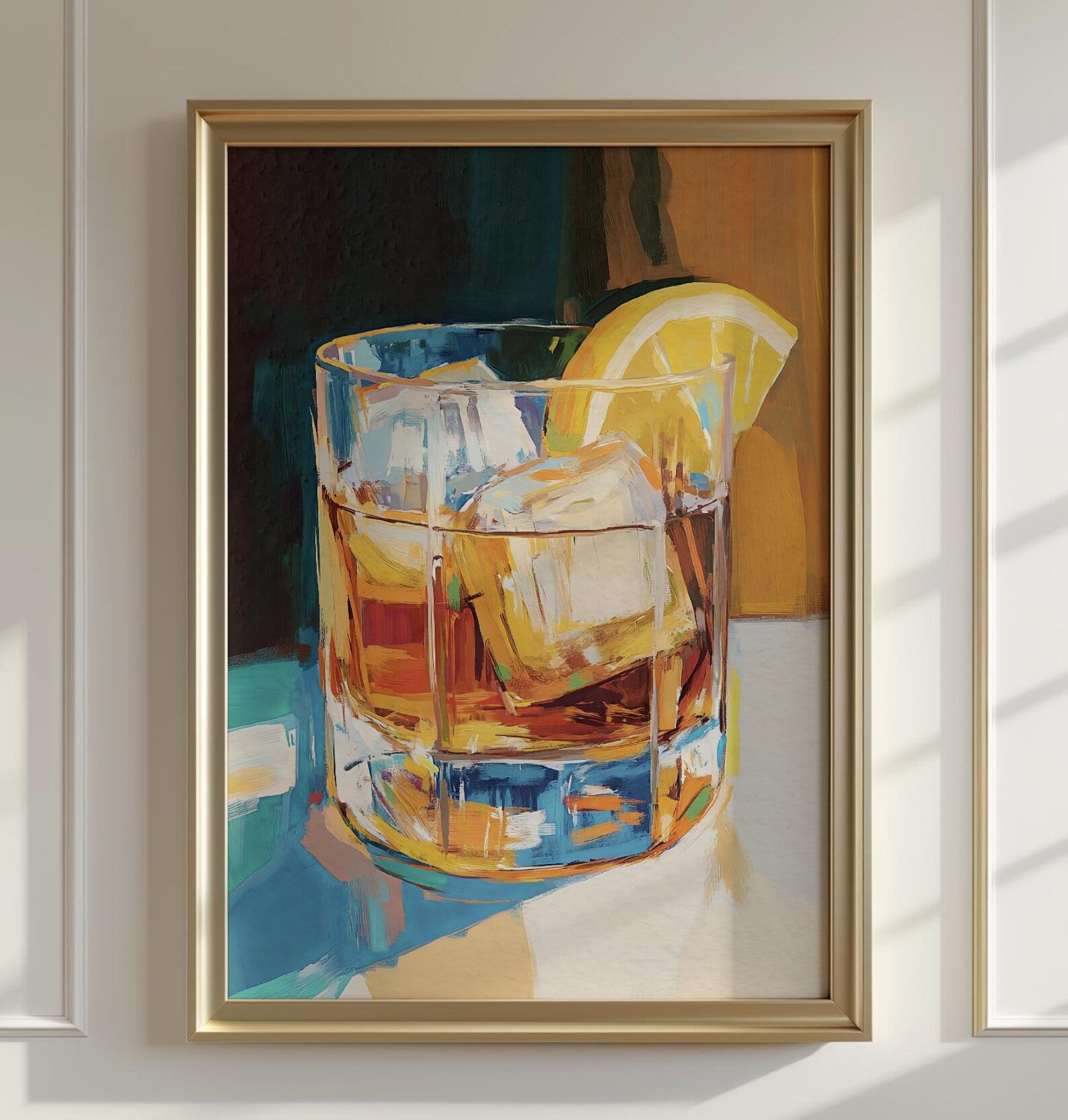Bold Whiskey Lemon Cocktail Art Print: Modern Bar Decor, Aesthetic Kitchen Poster, Beverage Illustration