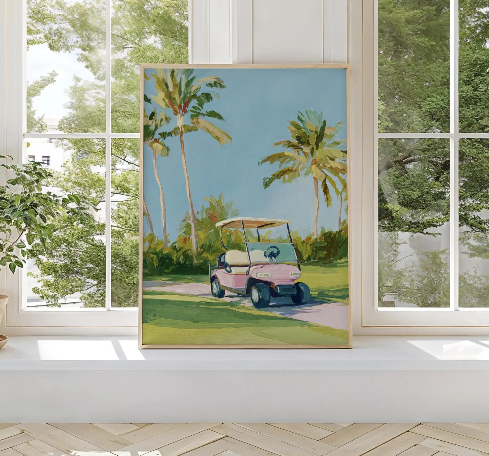 Preppy Golf Cart Art Print: Palm Beach Chinoiserie Wall Decor for Country Club & Bar Cart Aesthetic