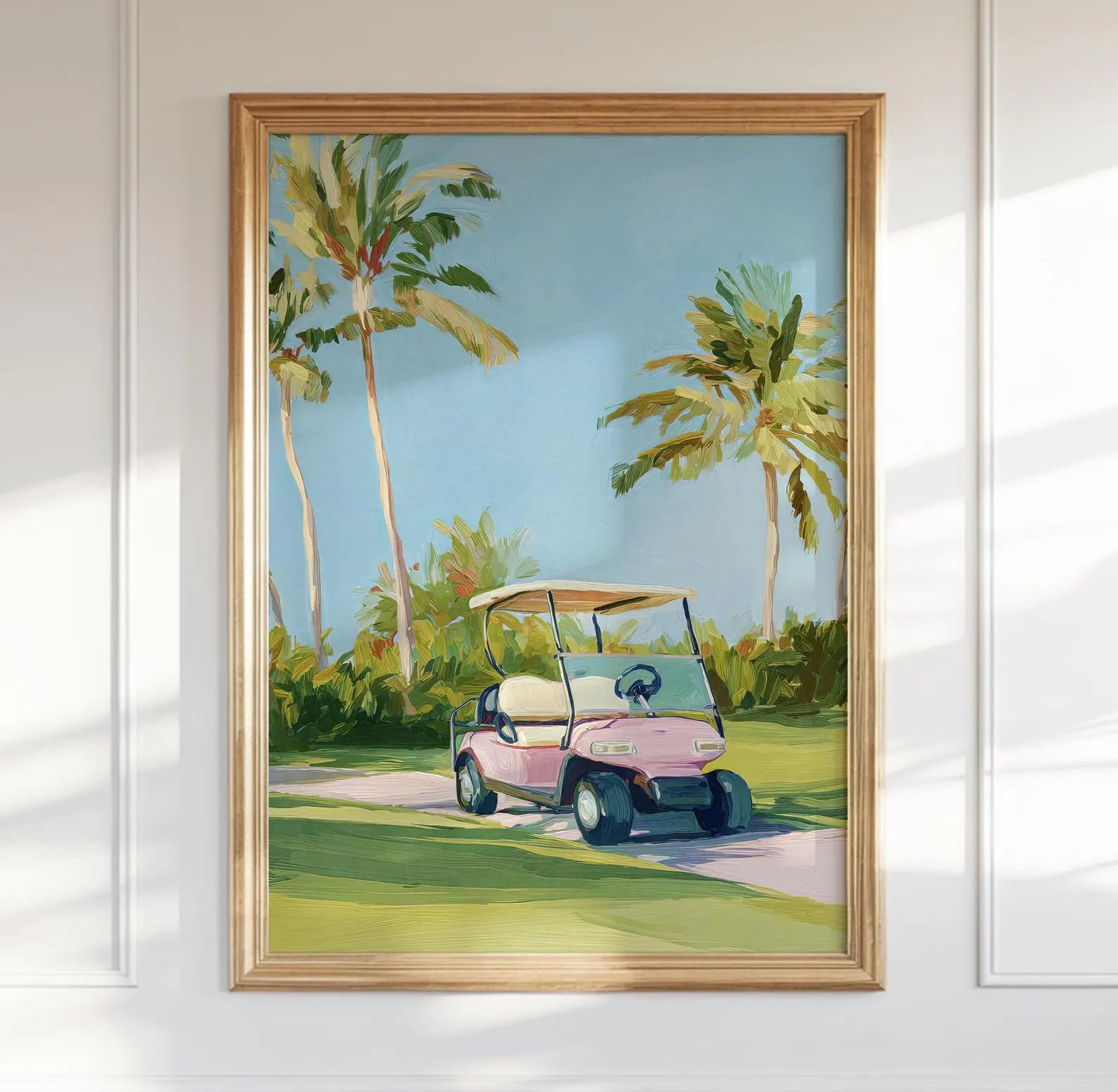 Preppy Golf Cart Art Print: Palm Beach Chinoiserie Wall Decor for Country Club & Bar Cart Aesthetic