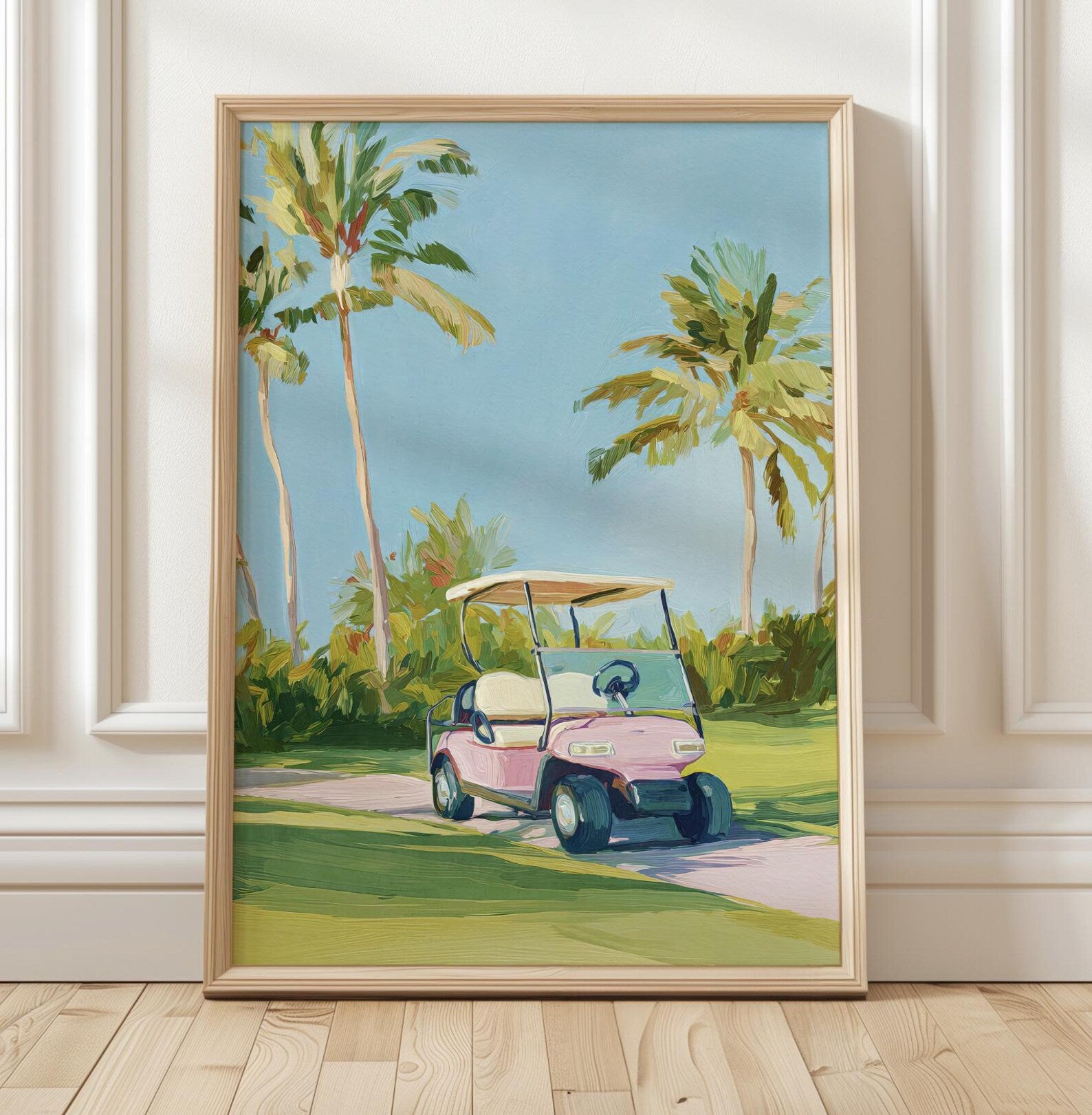 Preppy Golf Cart Art Print: Palm Beach Chinoiserie Wall Decor for Country Club & Bar Cart Aesthetic