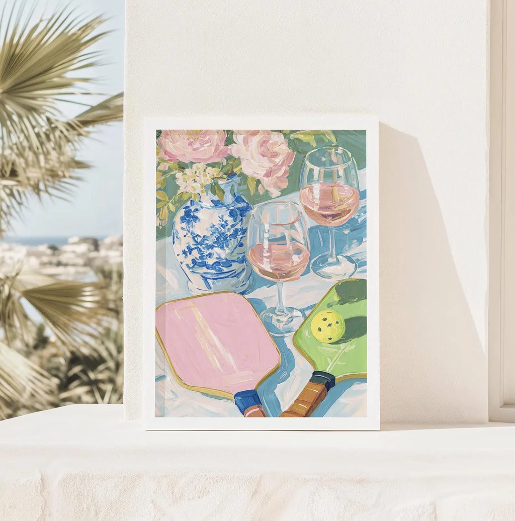 Elegant Pickleball & Rose Art Print: Palm Beach Chinoiserie Decor for Preppy Bar or Lounge
