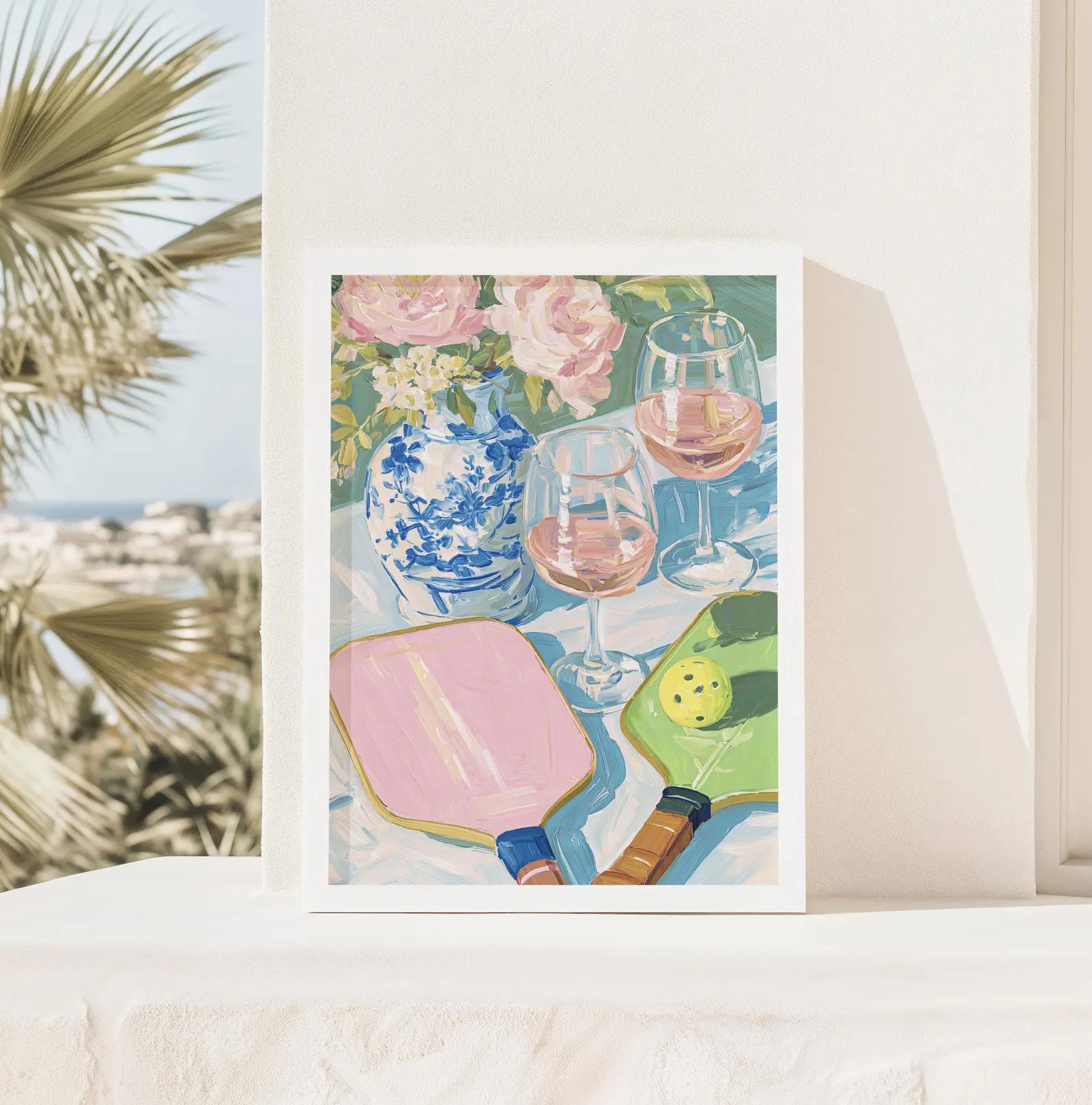 Elegant Pickleball & Rose Art Print: Palm Beach Chinoiserie Decor for Preppy Bar or Lounge
