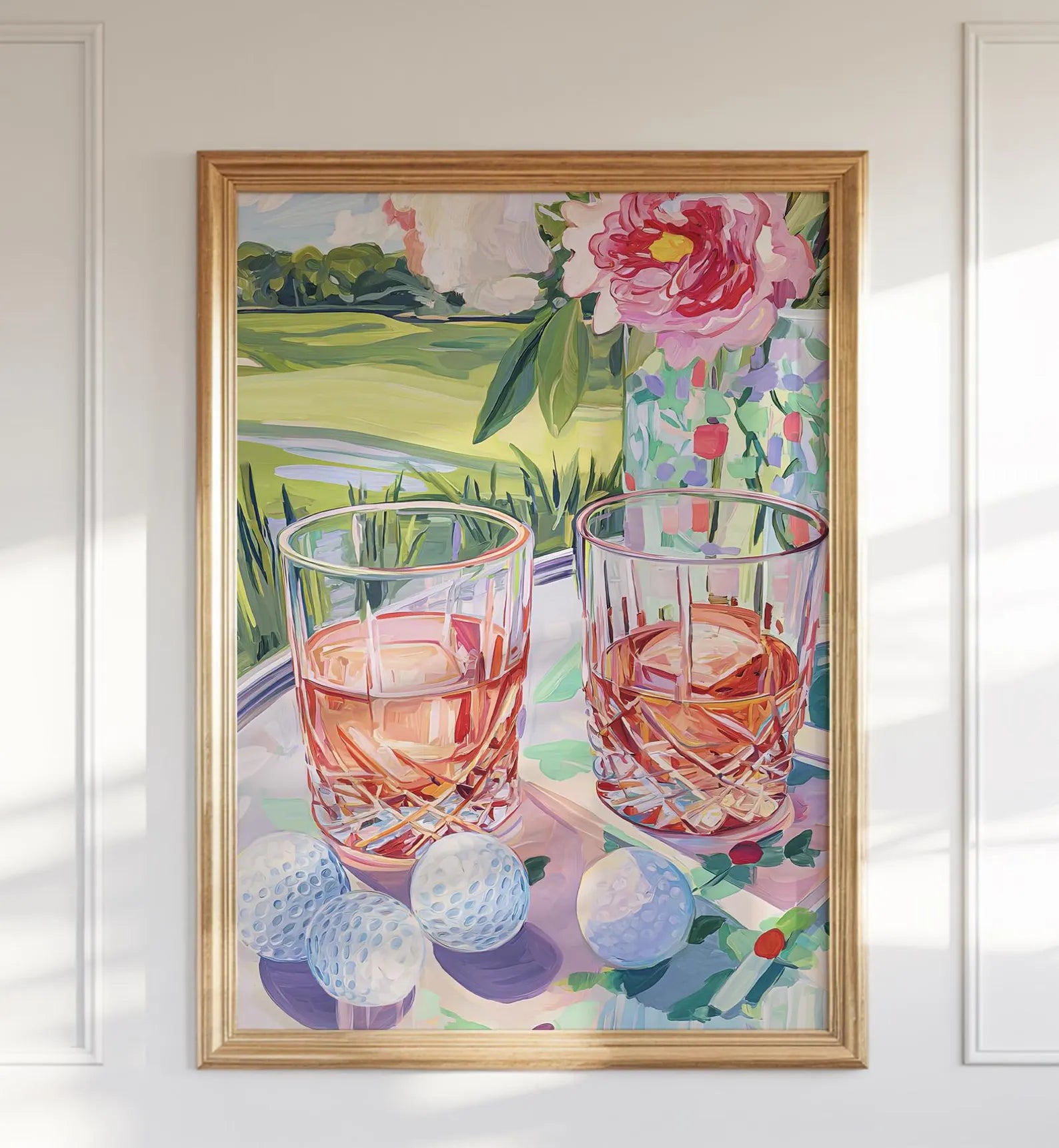 Elegant Cocktail Wine and Golf Art Print: Palm Beach Style Wall Decor for Country Club Bar or Lounge