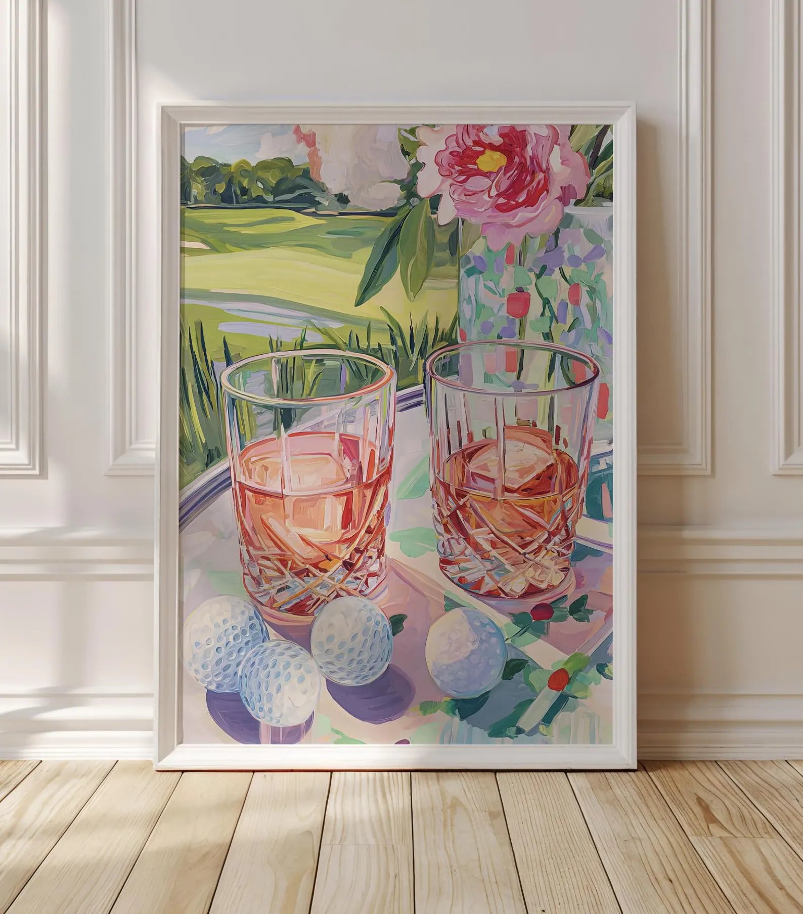 Elegant Cocktail Wine and Golf Art Print: Palm Beach Style Wall Decor for Country Club Bar or Lounge