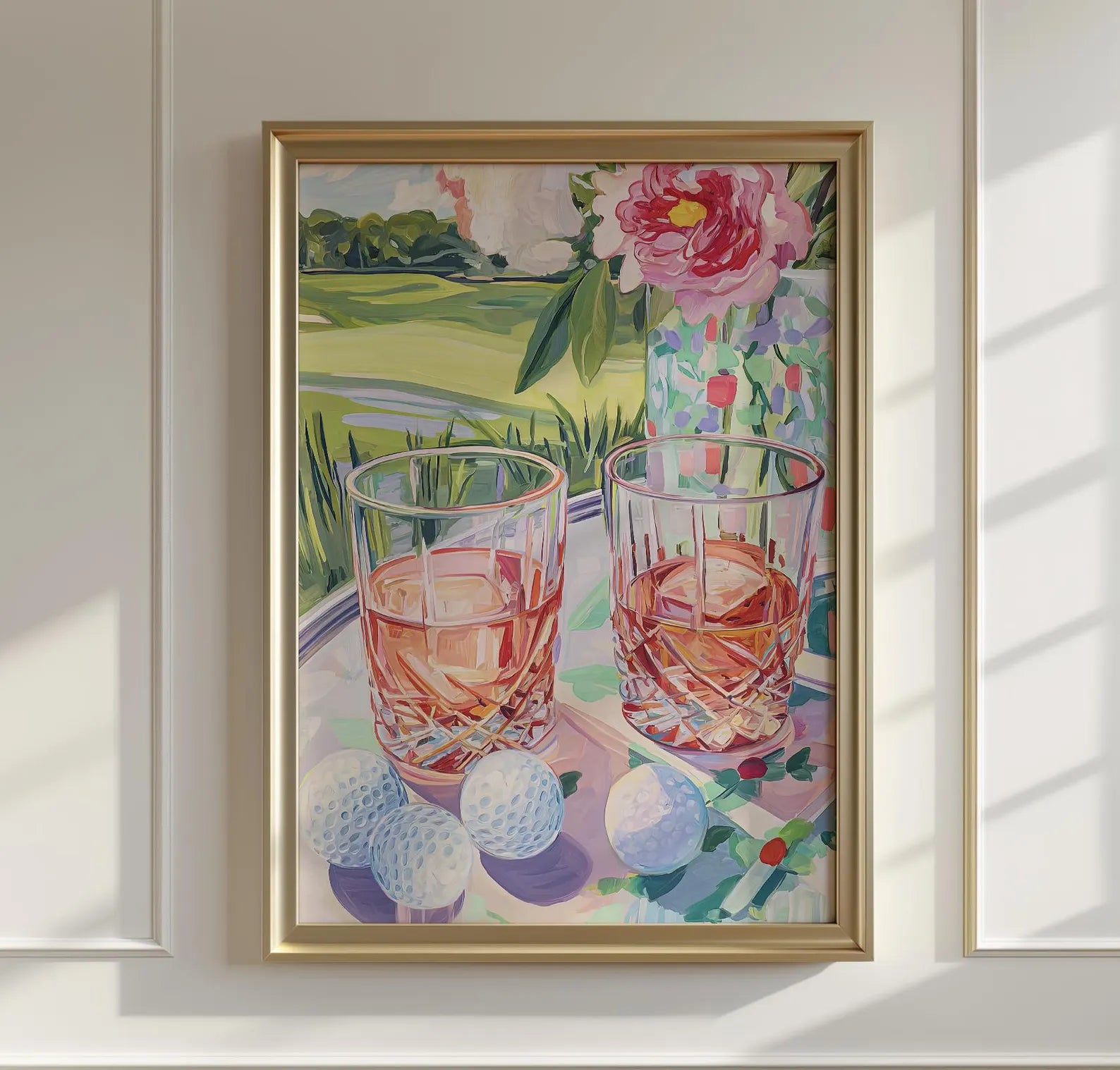 Elegant Cocktail Wine and Golf Art Print: Palm Beach Style Wall Decor for Country Club Bar or Lounge