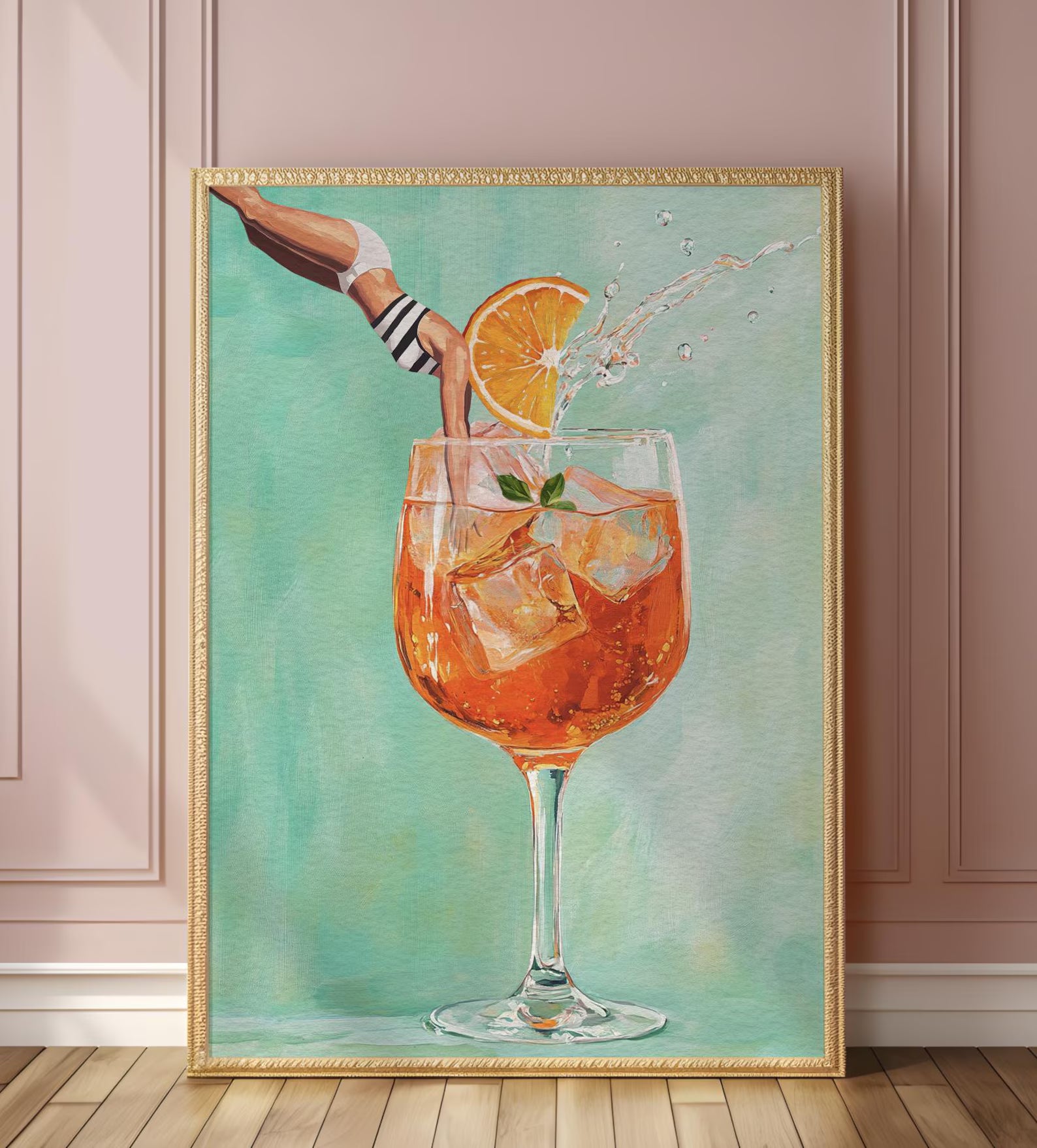 Vibrant Aperol Spritz Retro Art Print: Bar Decor Cocktail Poster with Jumping Girl