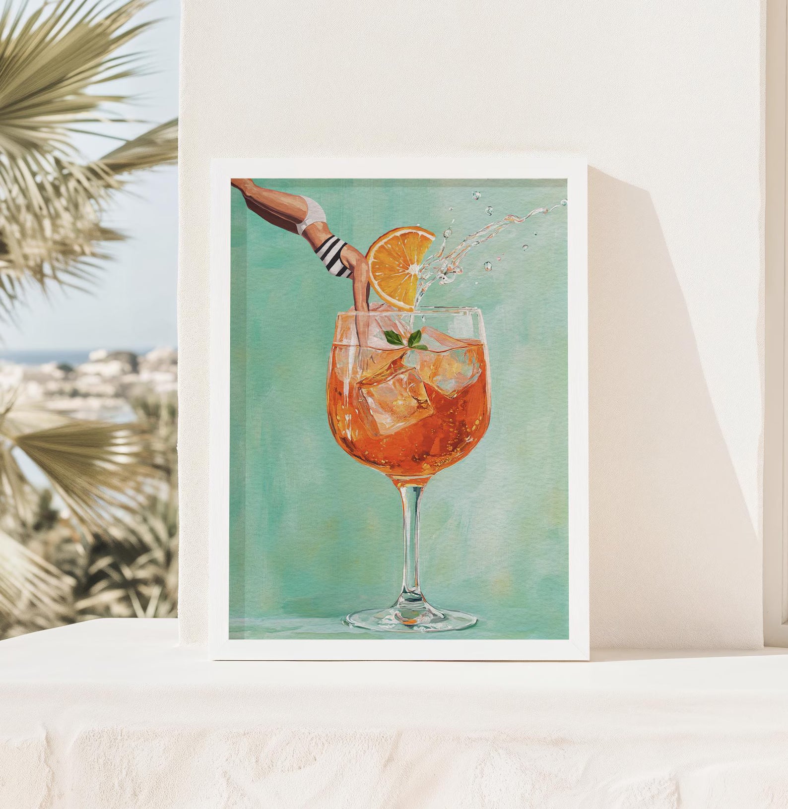 Vibrant Aperol Spritz Retro Art Print: Bar Decor Cocktail Poster with Jumping Girl