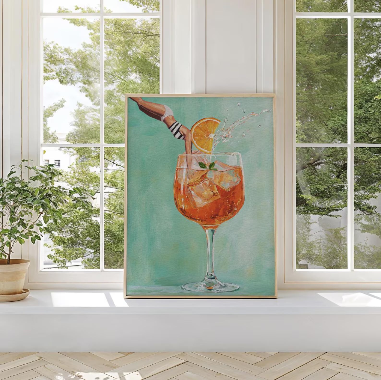 Vibrant Aperol Spritz Retro Art Print: Bar Decor Cocktail Poster with Jumping Girl