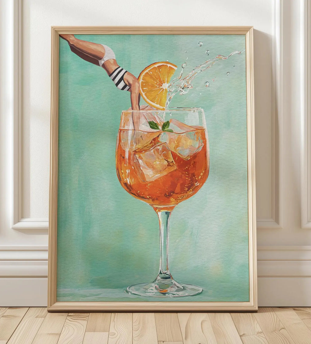 Vibrant Aperol Spritz Retro Art Print: Bar Decor Cocktail Poster with Jumping Girl