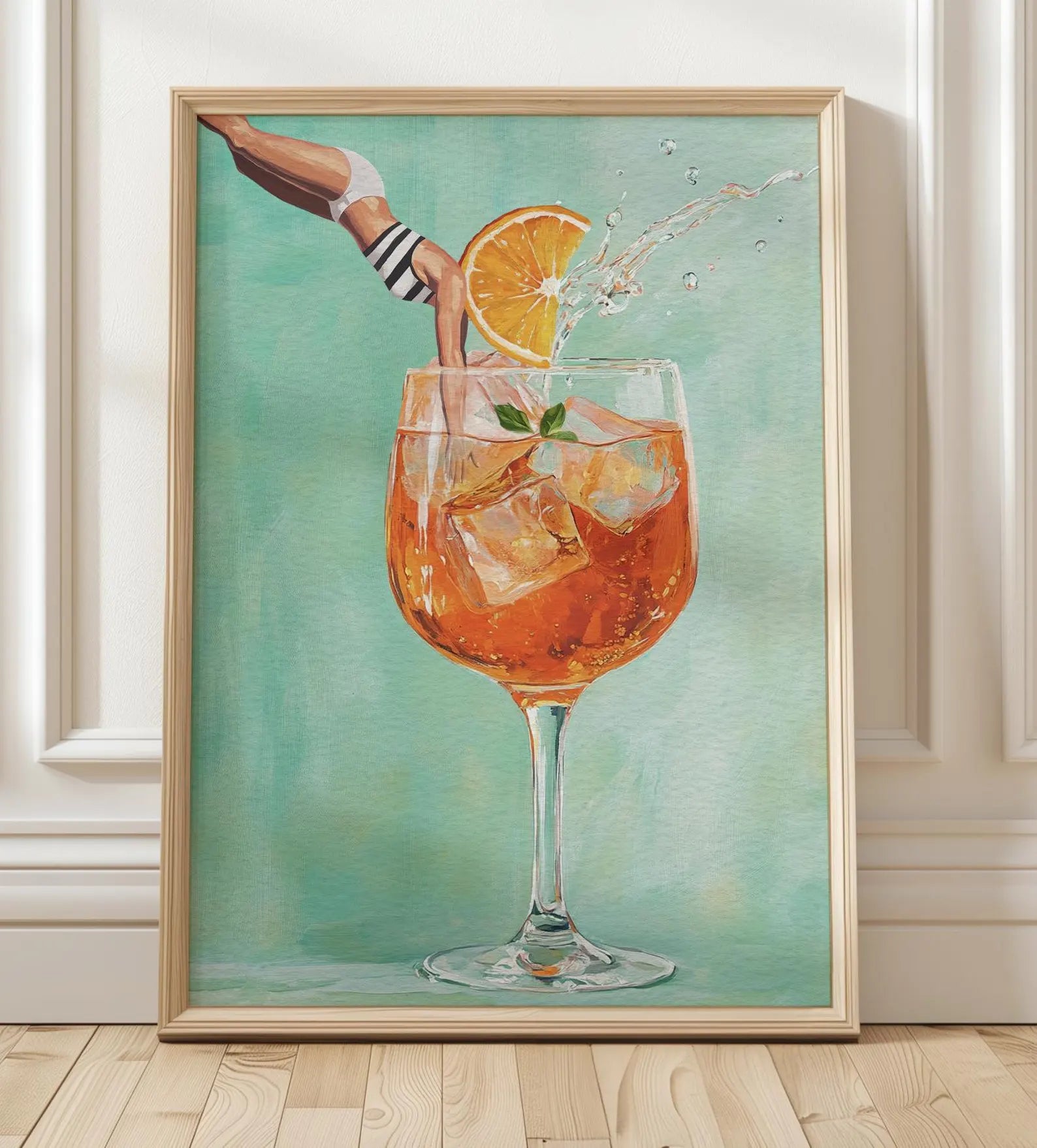 Vibrant Aperol Spritz Retro Art Print: Bar Decor Cocktail Poster with Jumping Girl
