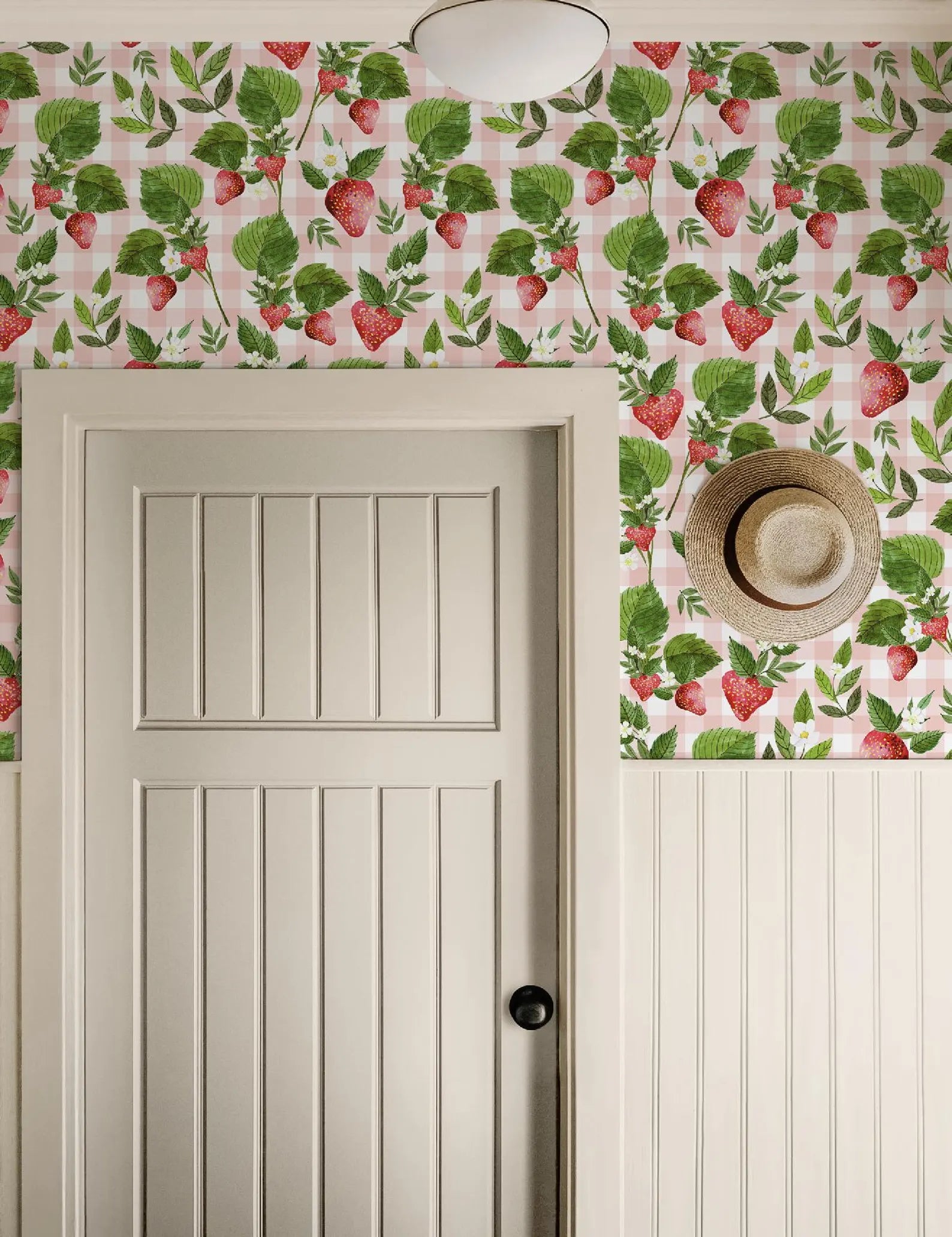 Strawberry Pink Gingham Floral Wallpaper - Small