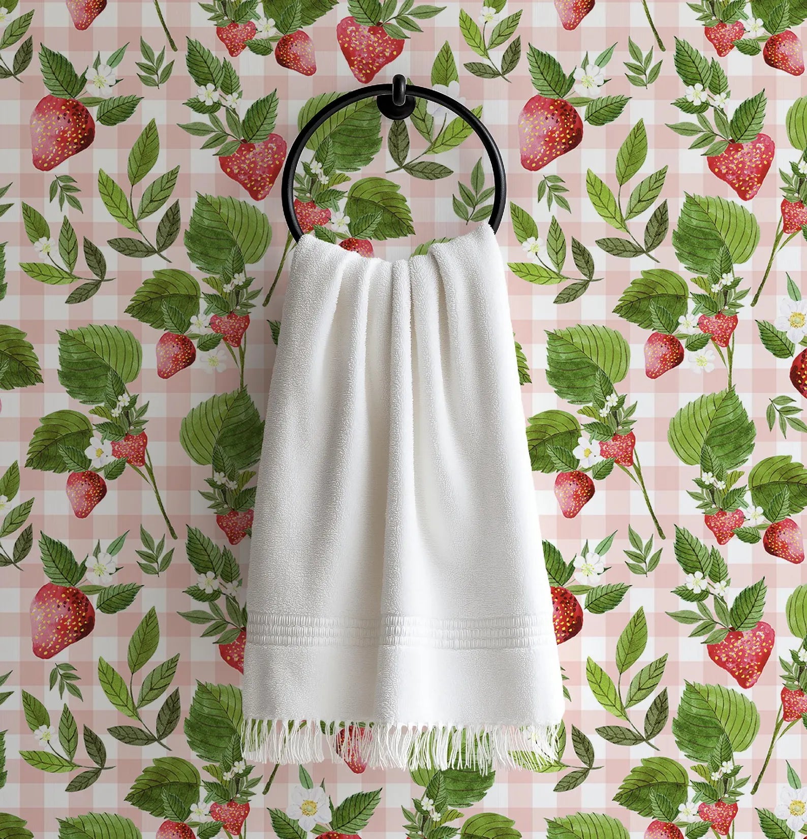 Strawberry Pink Gingham Floral Wallpaper - Small