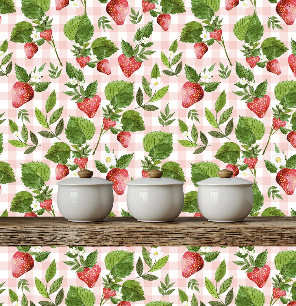 Strawberry Pink Gingham Floral Wallpaper - Small