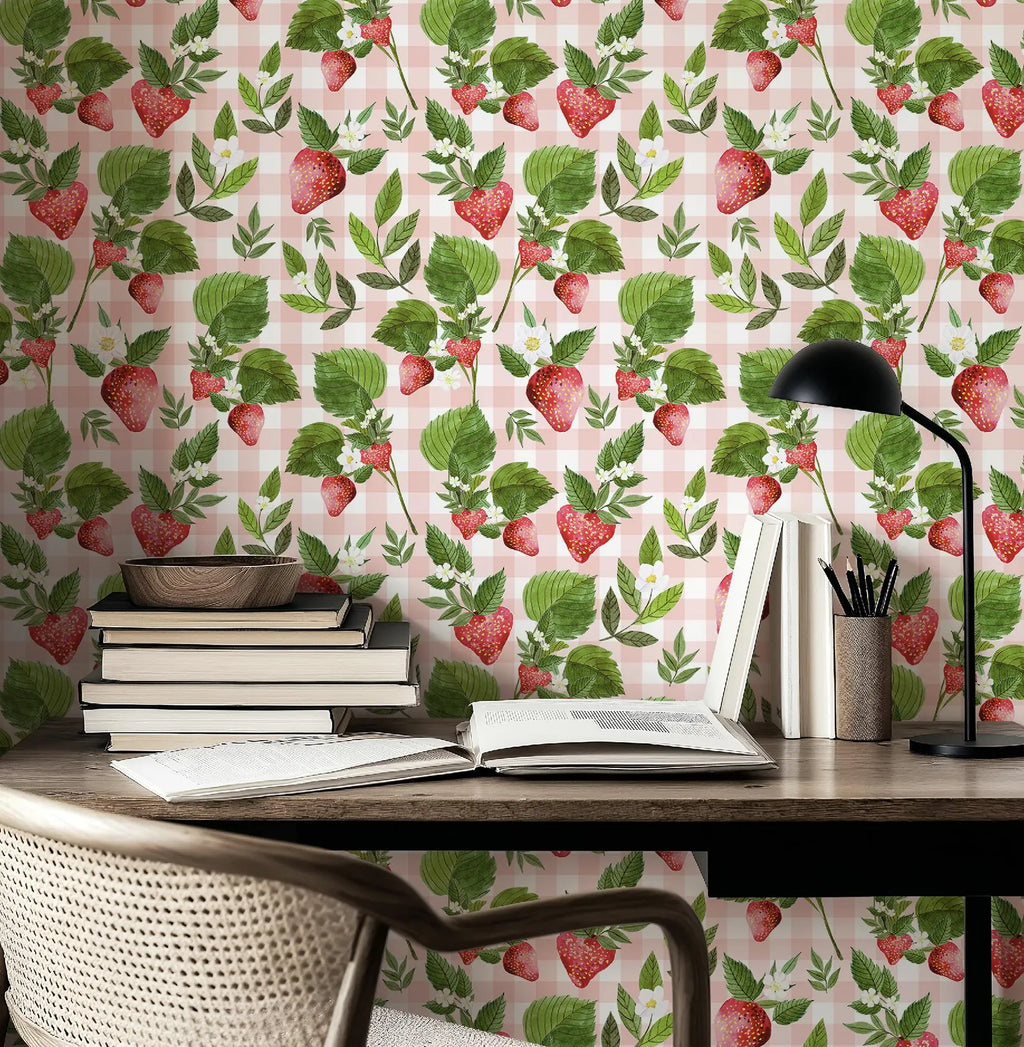 Strawberry Pink Gingham Floral Wallpaper - Small