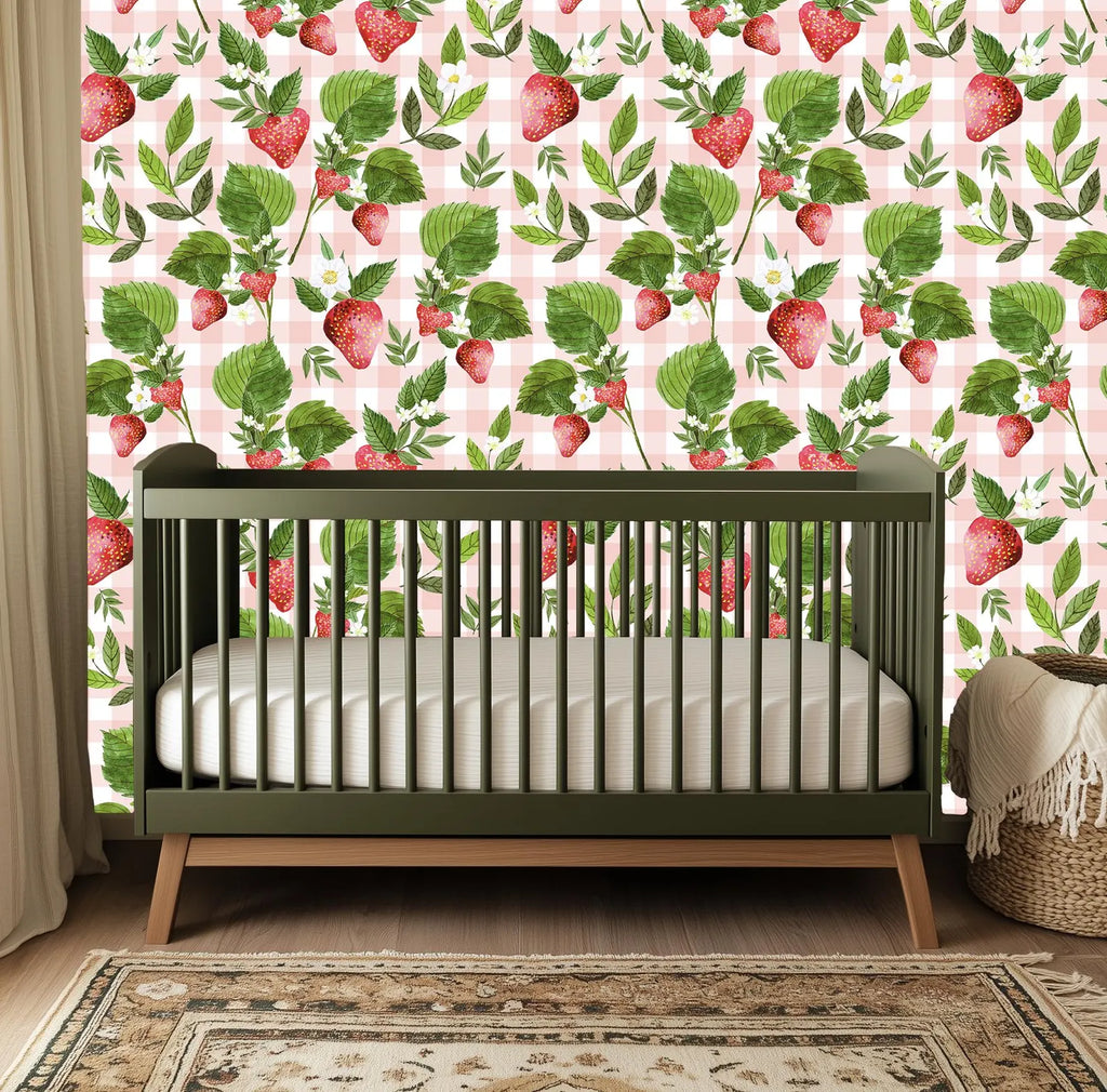 Strawberry Pink Gingham Floral Wallpaper - Small