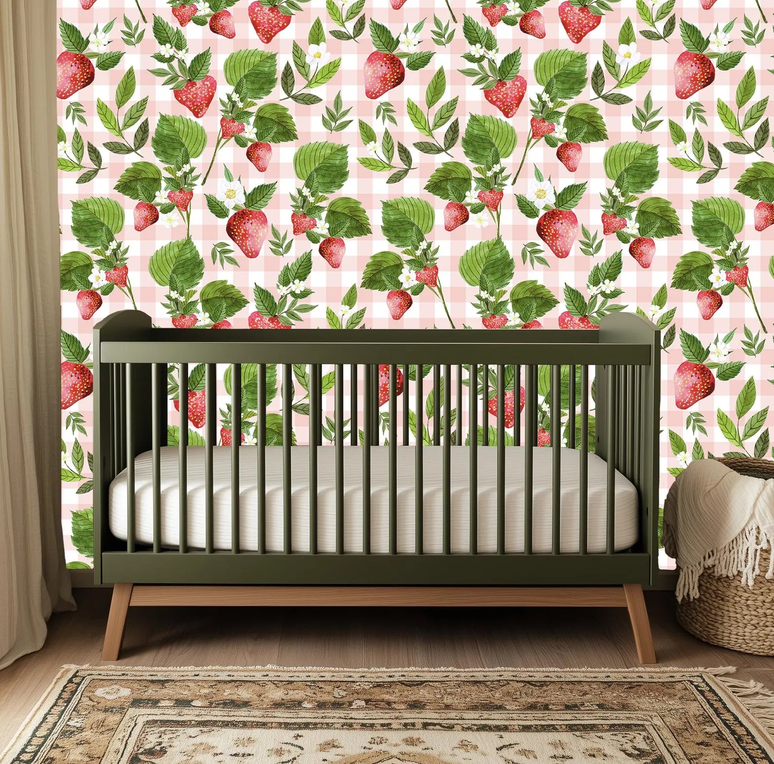 Strawberry Pink Gingham Floral Wallpaper - Small