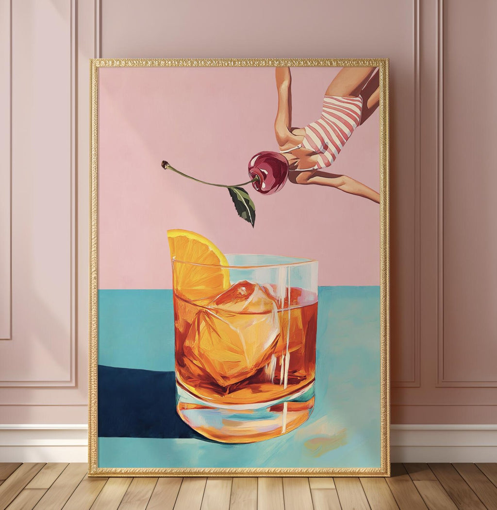 Retro Bar Poster: Girl Diving into Cocktail - Vintage Aesthetic Print for Home & Bar Decor
