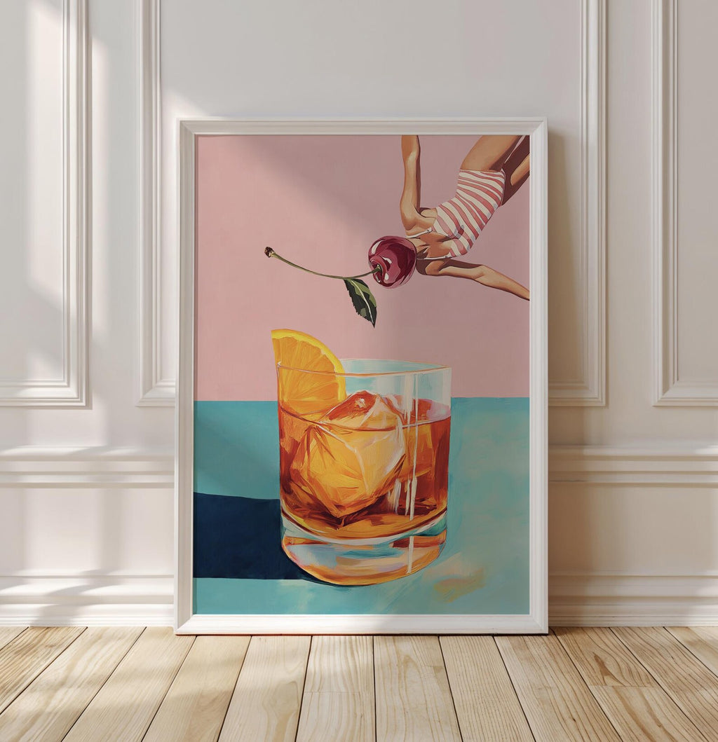 Retro Bar Poster: Girl Diving into Cocktail - Vintage Aesthetic Print for Home & Bar Decor