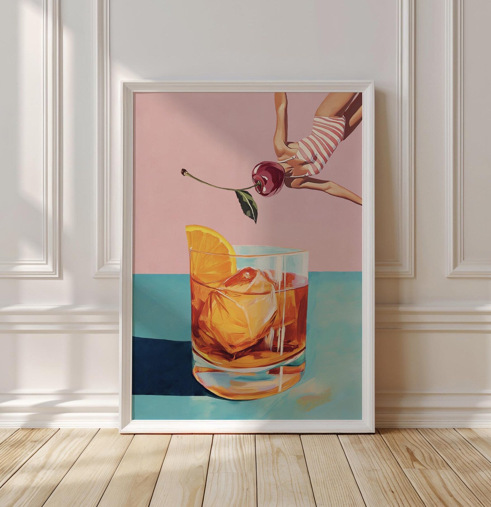 Retro Bar Poster: Girl Diving into Cocktail - Vintage Aesthetic Print for Home & Bar Decor