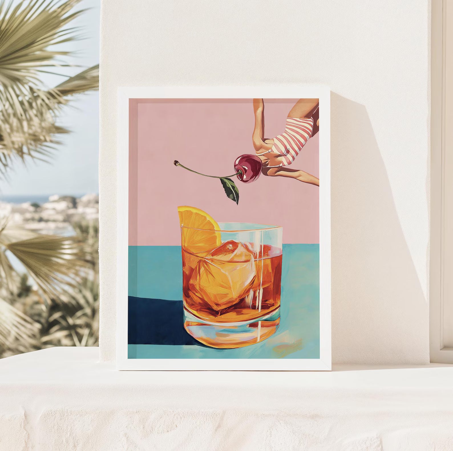 Retro Bar Poster: Girl Diving into Cocktail - Vintage Aesthetic Print for Home & Bar Decor