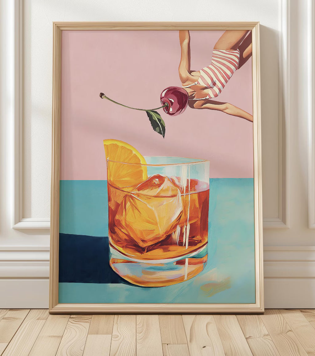 Retro Bar Poster: Girl Diving into Cocktail - Vintage Aesthetic Print for Home & Bar Decor
