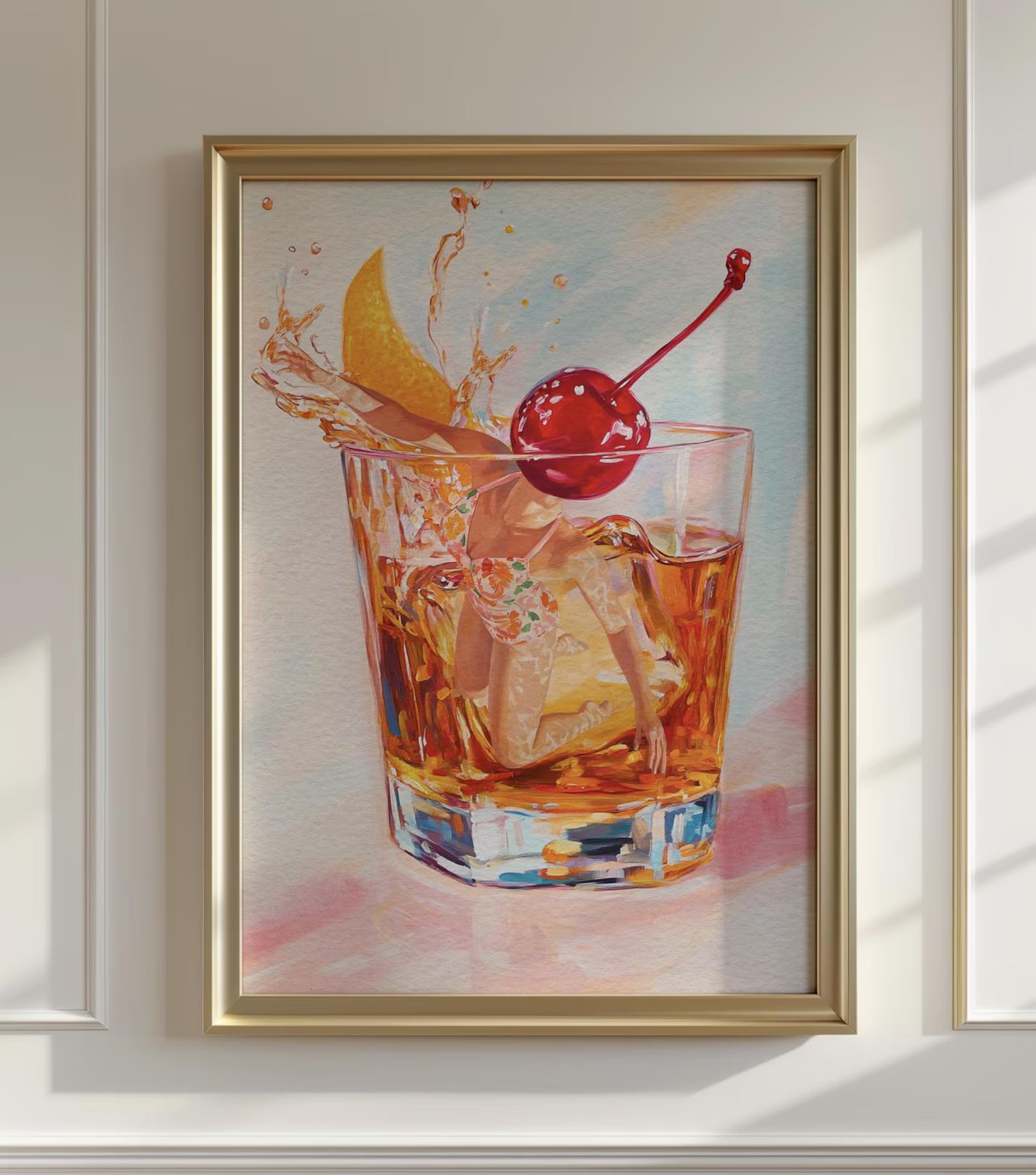 Retro Bar Scene Poster: Old Fashioned Cocktail Art Print for Home, Kitchen & Bar Decor