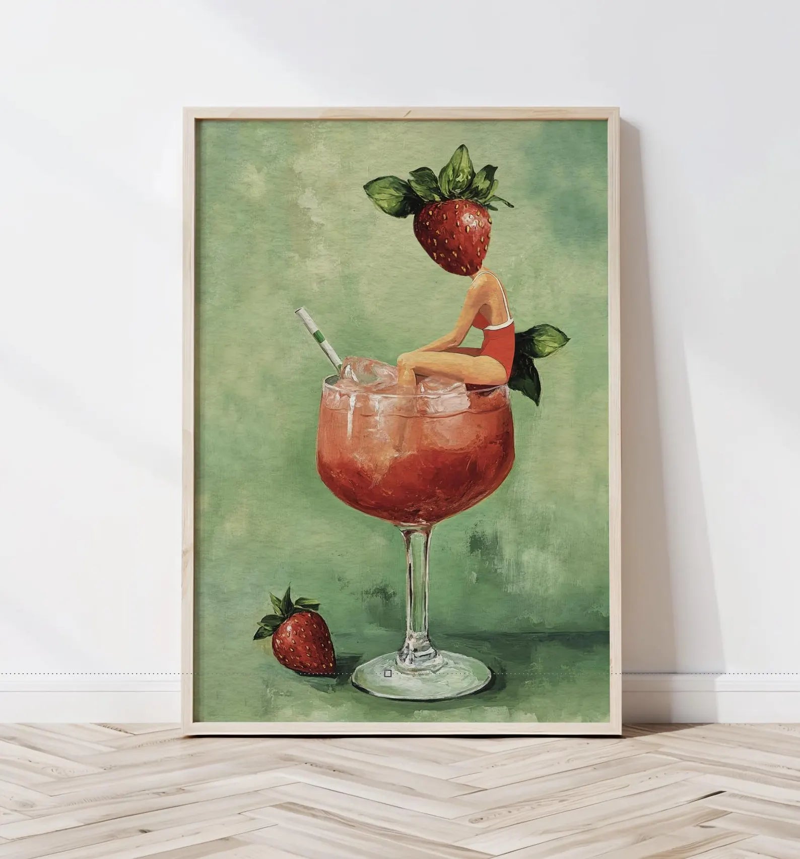 Strawberry Daiquiri Cocktail Bar Art Print - Vibrant Martini Girl Poster for Kitchen & Home Decor