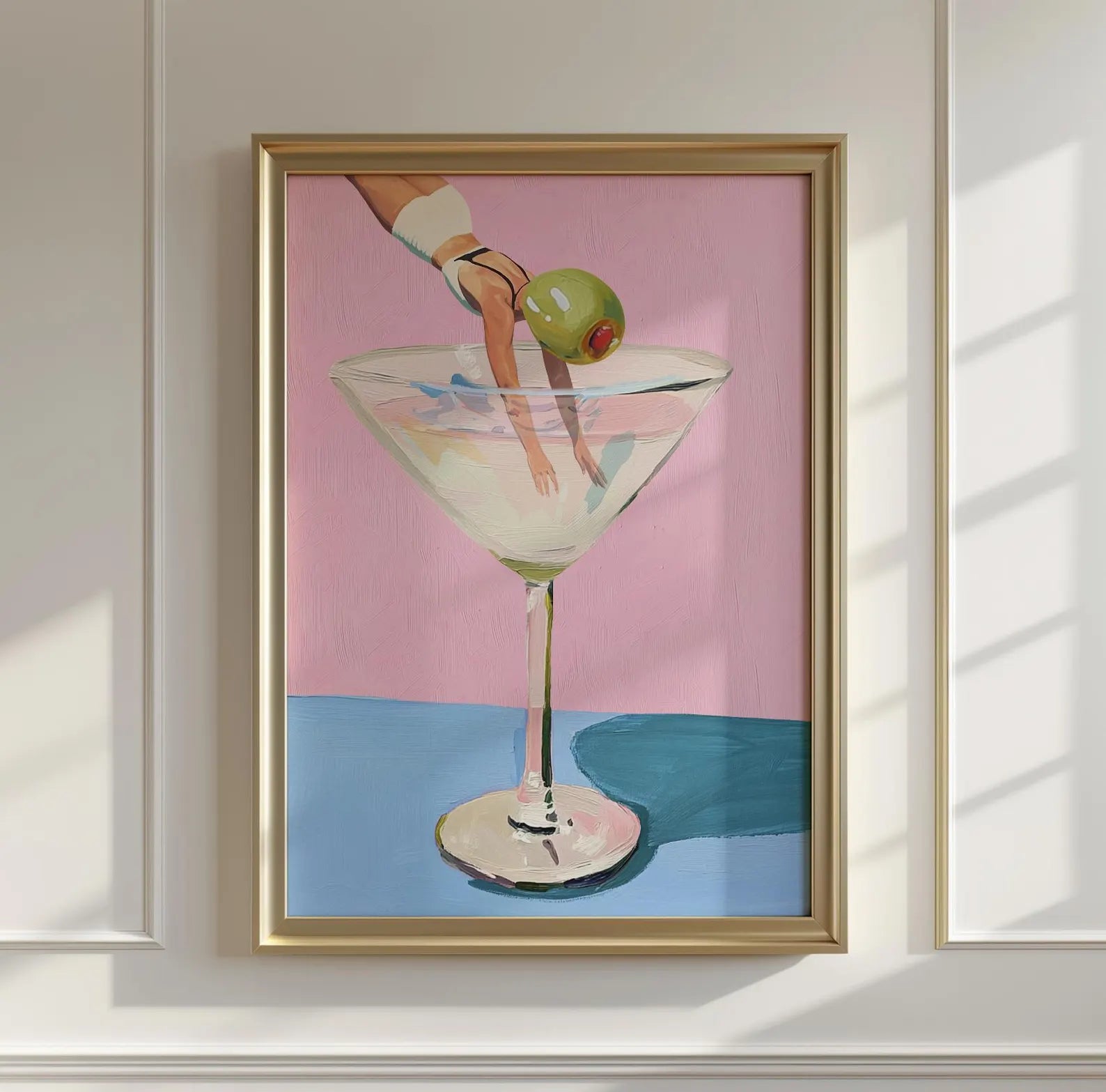 Playful Martini Olive Girl Diving into Cocktail Glass Bar Art Print - Fun Kitchen Wall Decor