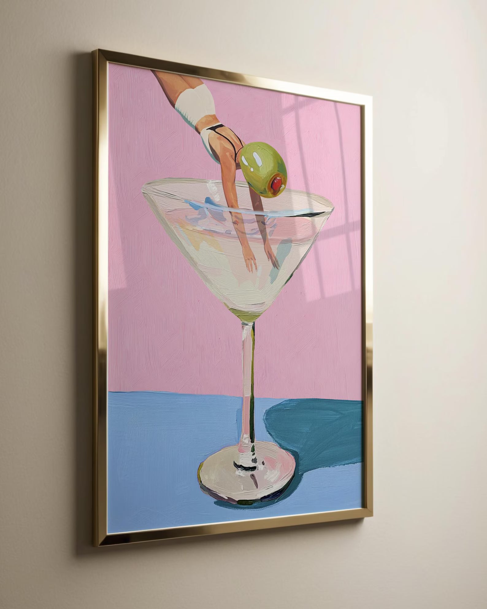 Playful Martini Olive Girl Diving into Cocktail Glass Bar Art Print - Fun Kitchen Wall Decor