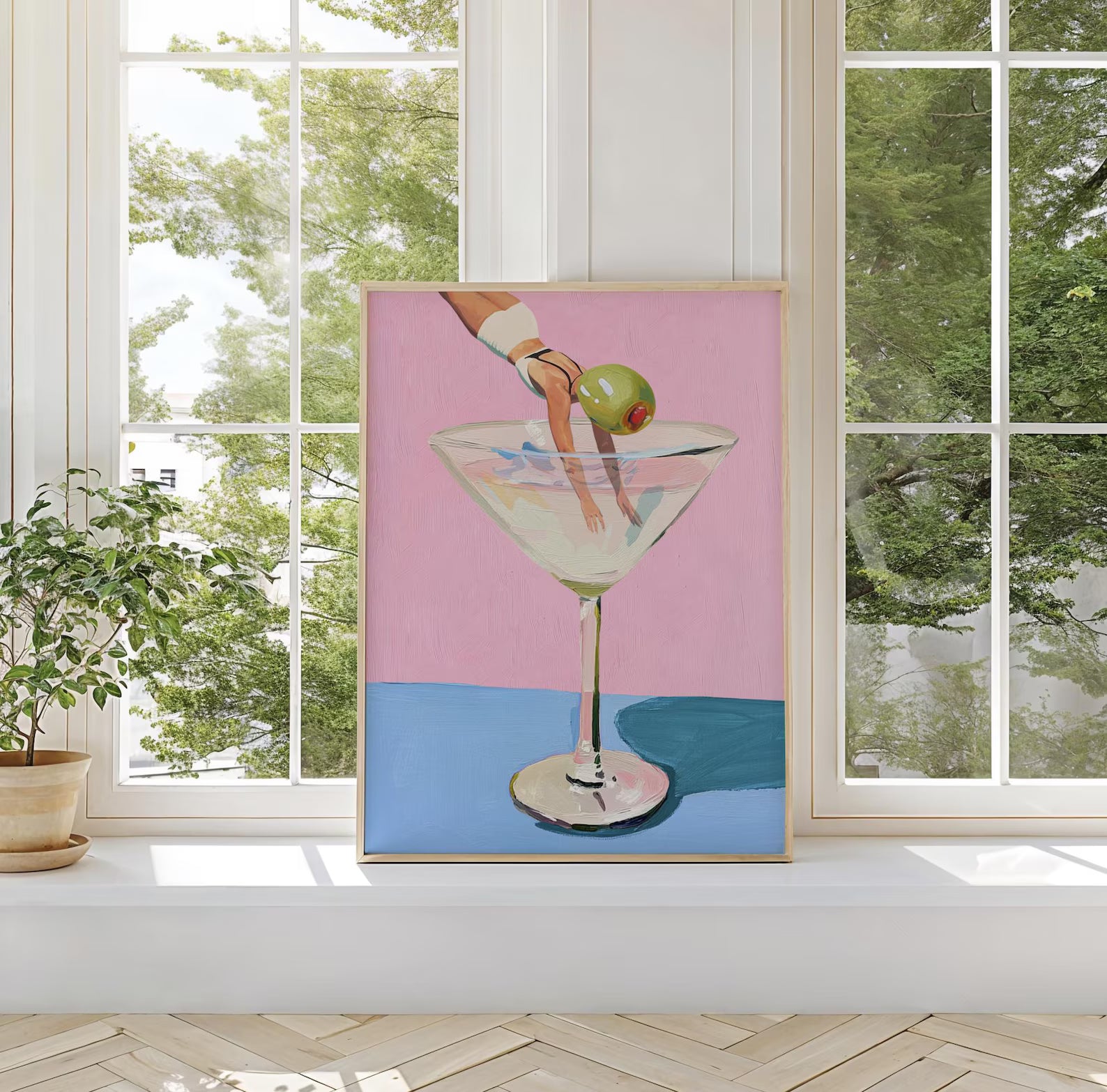 Whimsical Martini Olive Girl Dive Large Art Print - 24x36 Bar Decor Cocktail Poster Fun Home Accent