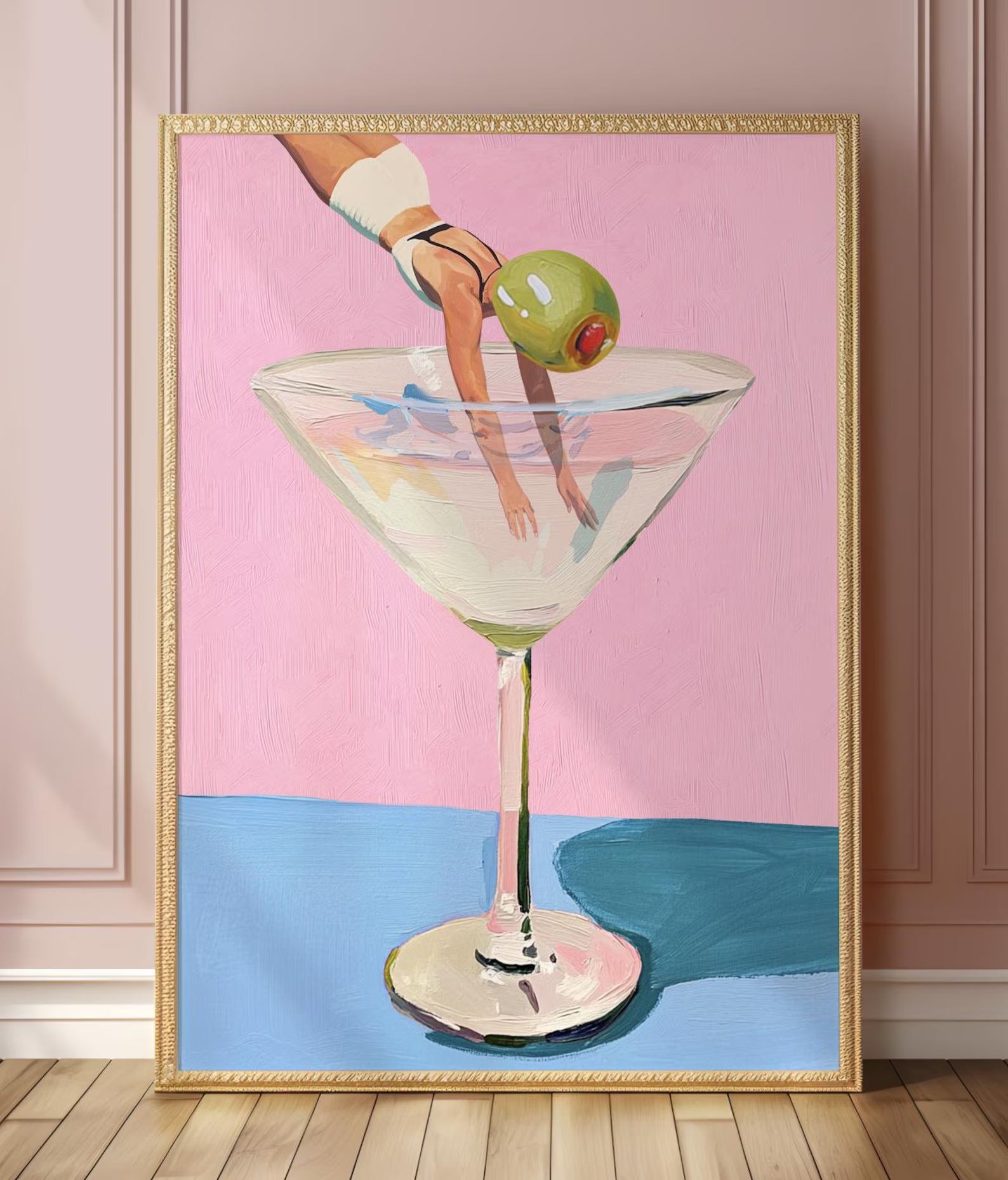 Playful Martini Olive Girl Diving into Cocktail Glass Bar Art Print - Fun Kitchen Wall Decor