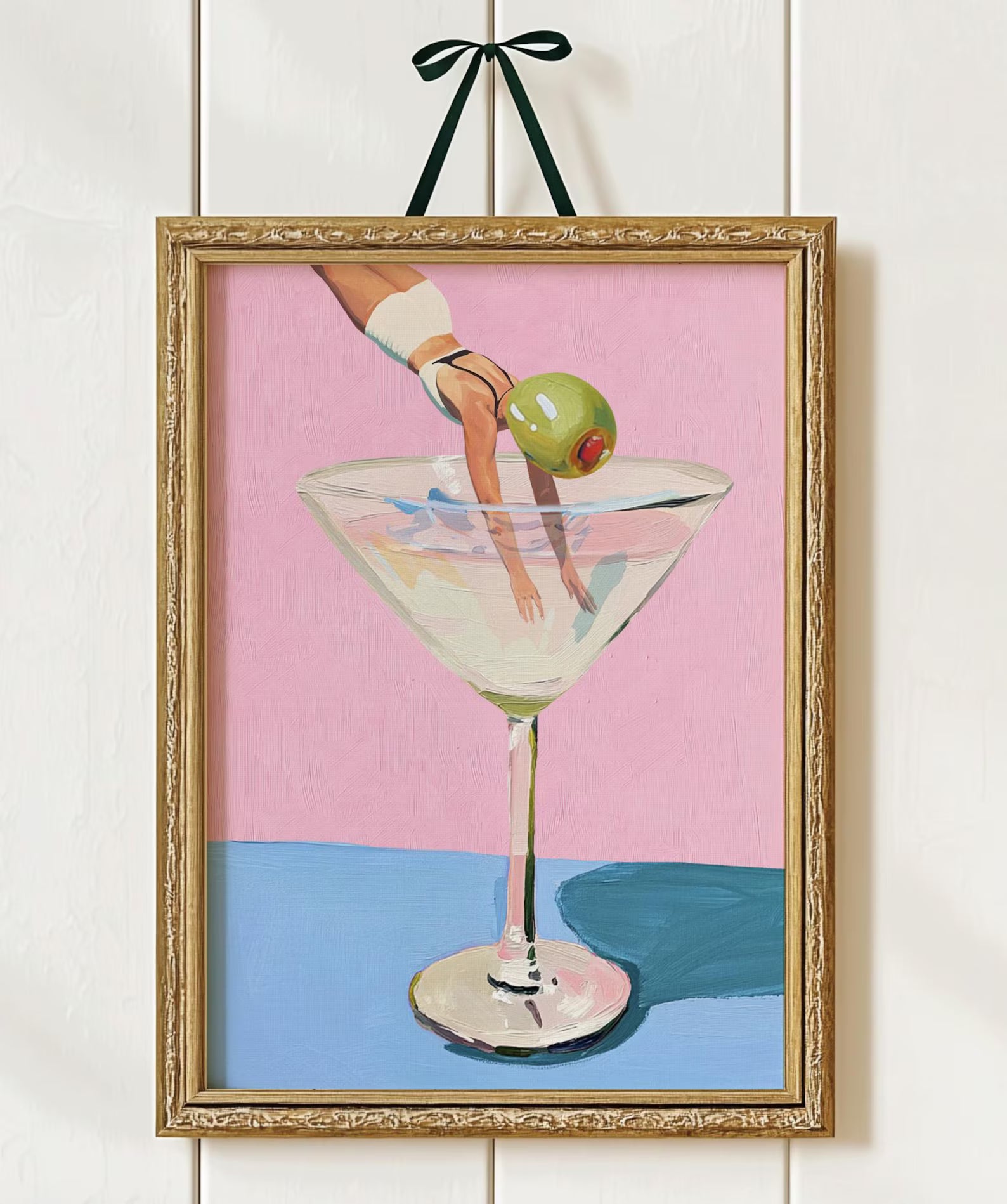 Whimsical Martini Olive Girl Dive Large Art Print - 24x36 Bar Decor Cocktail Poster Fun Home Accent