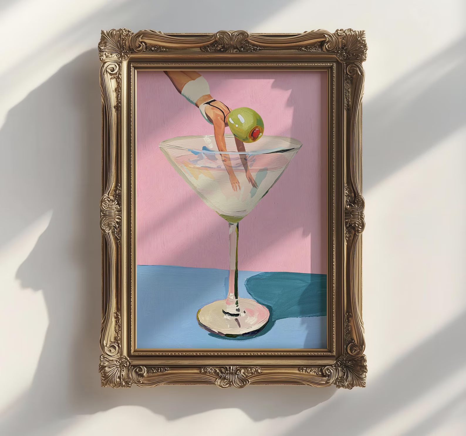 Whimsical Martini Olive Girl Dive Large Art Print - 24x36 Bar Decor Cocktail Poster Fun Home Accent